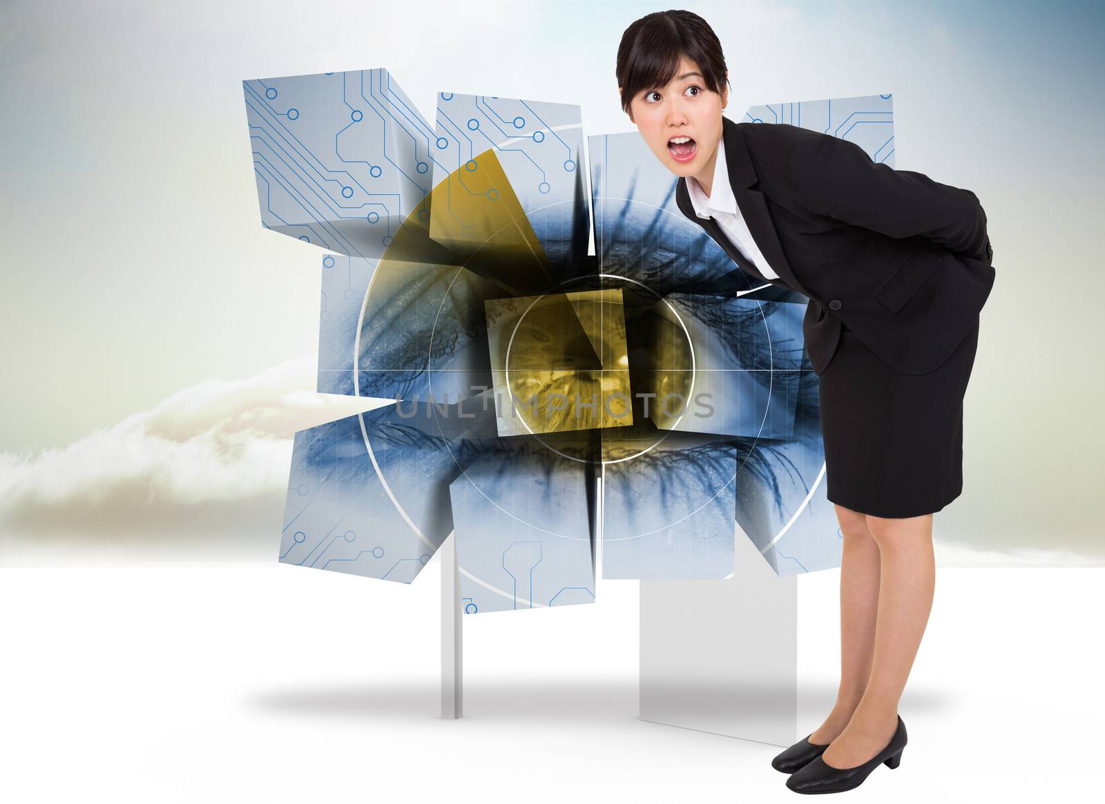 Composite image of surprised businesswoman bending by Wavebreakmedia