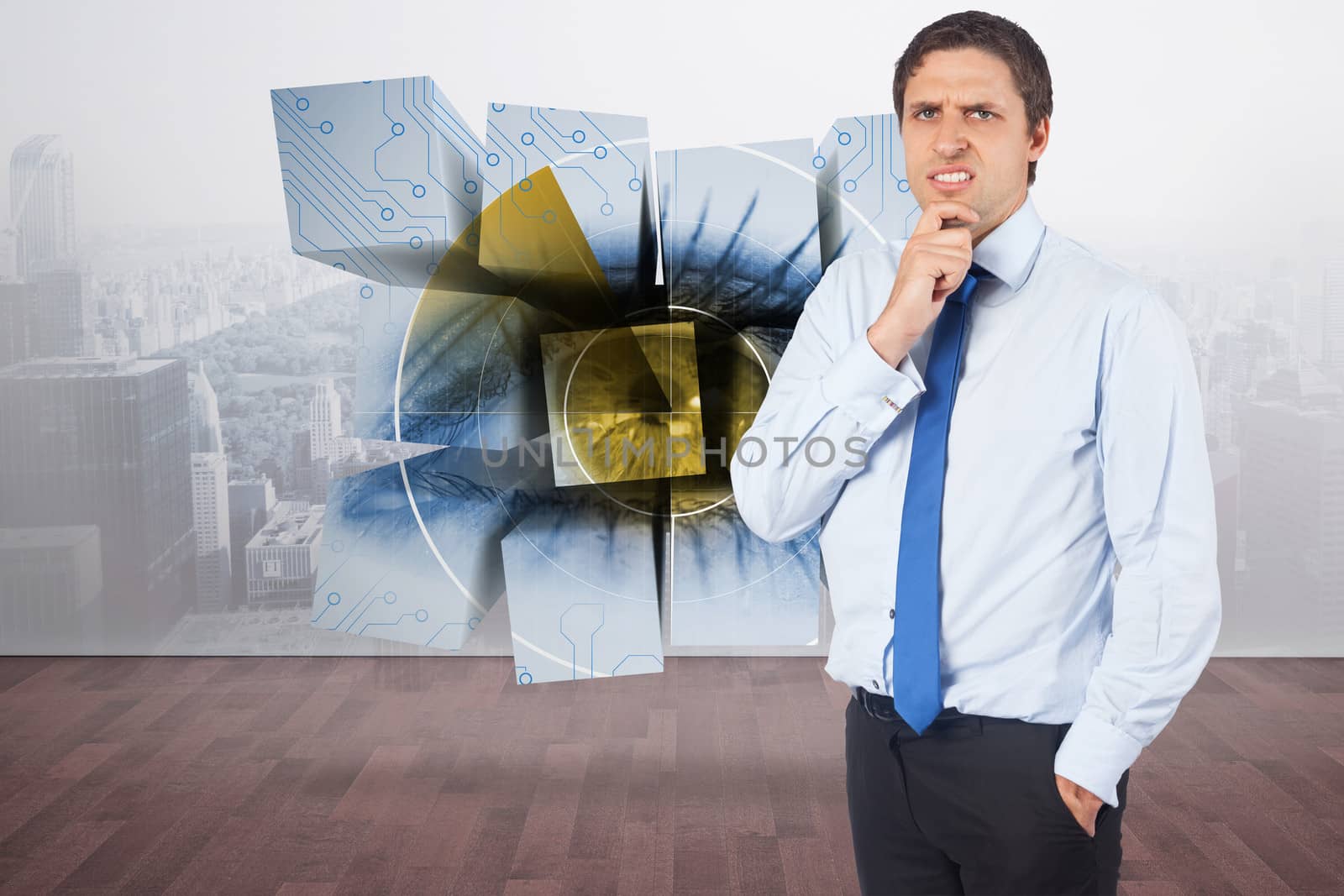Thinking businessman touching his chin against city scene in a room
