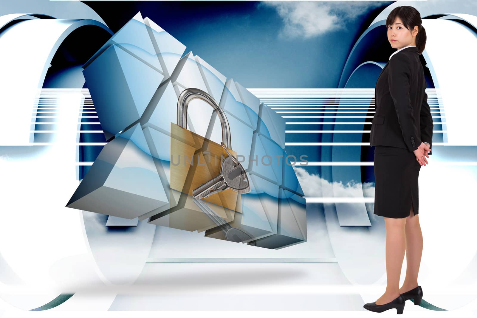 Serious businesswoman against abstract cloud design in futuristic structure