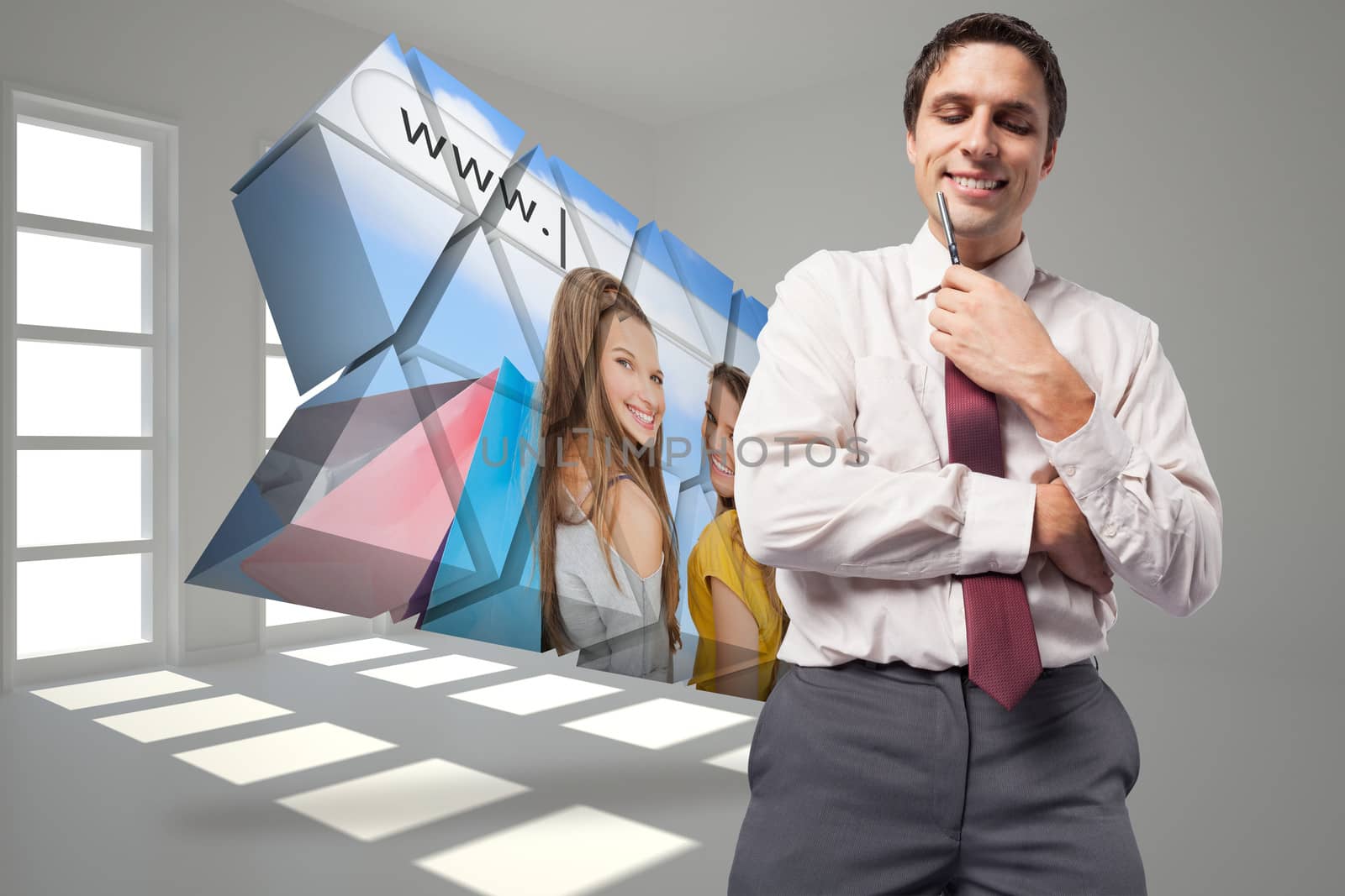 Composite image of thoughtful businessman holding pen to chin by Wavebreakmedia