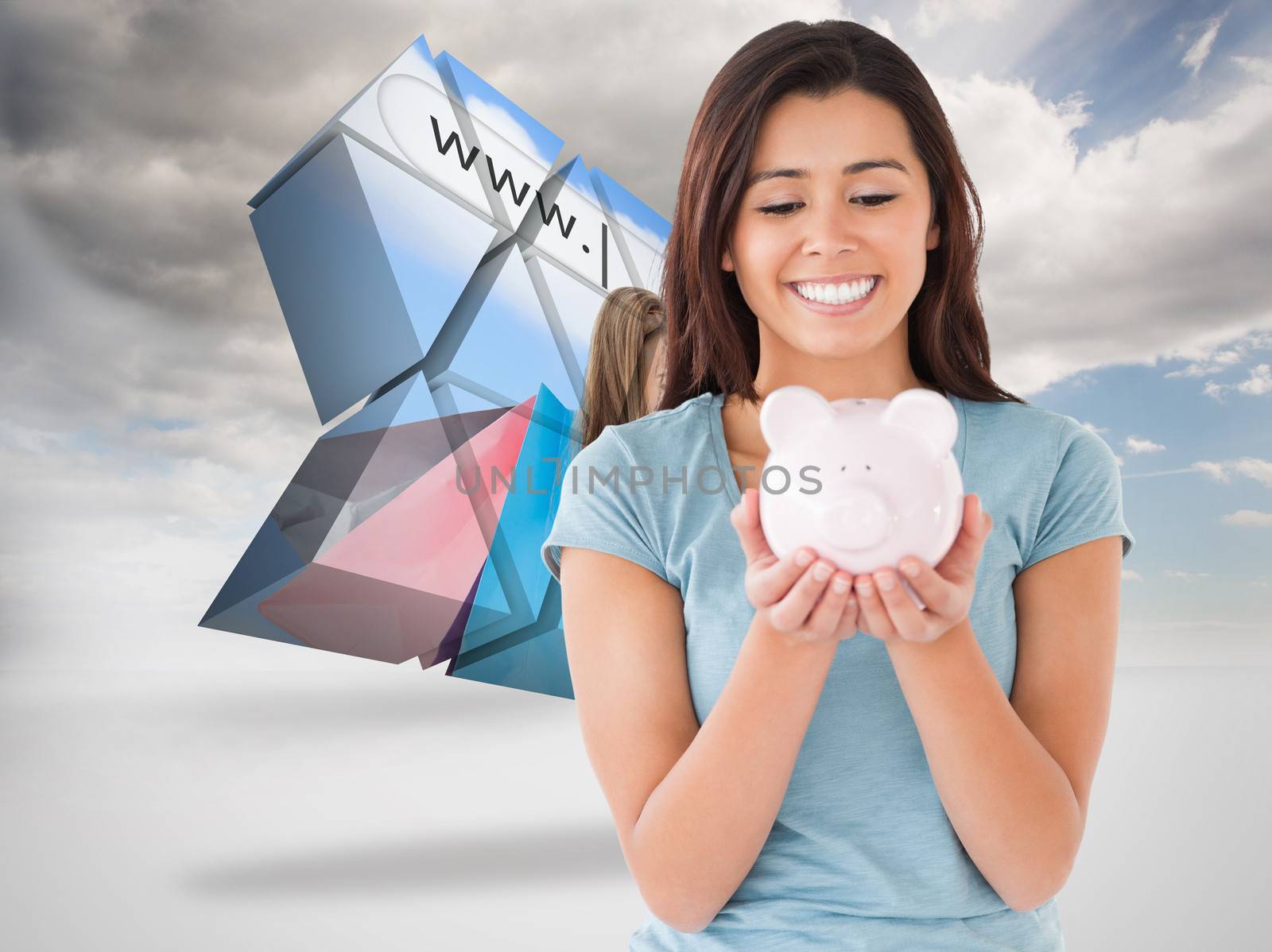 Composite image of attractive woman posing with a piggy bank by Wavebreakmedia