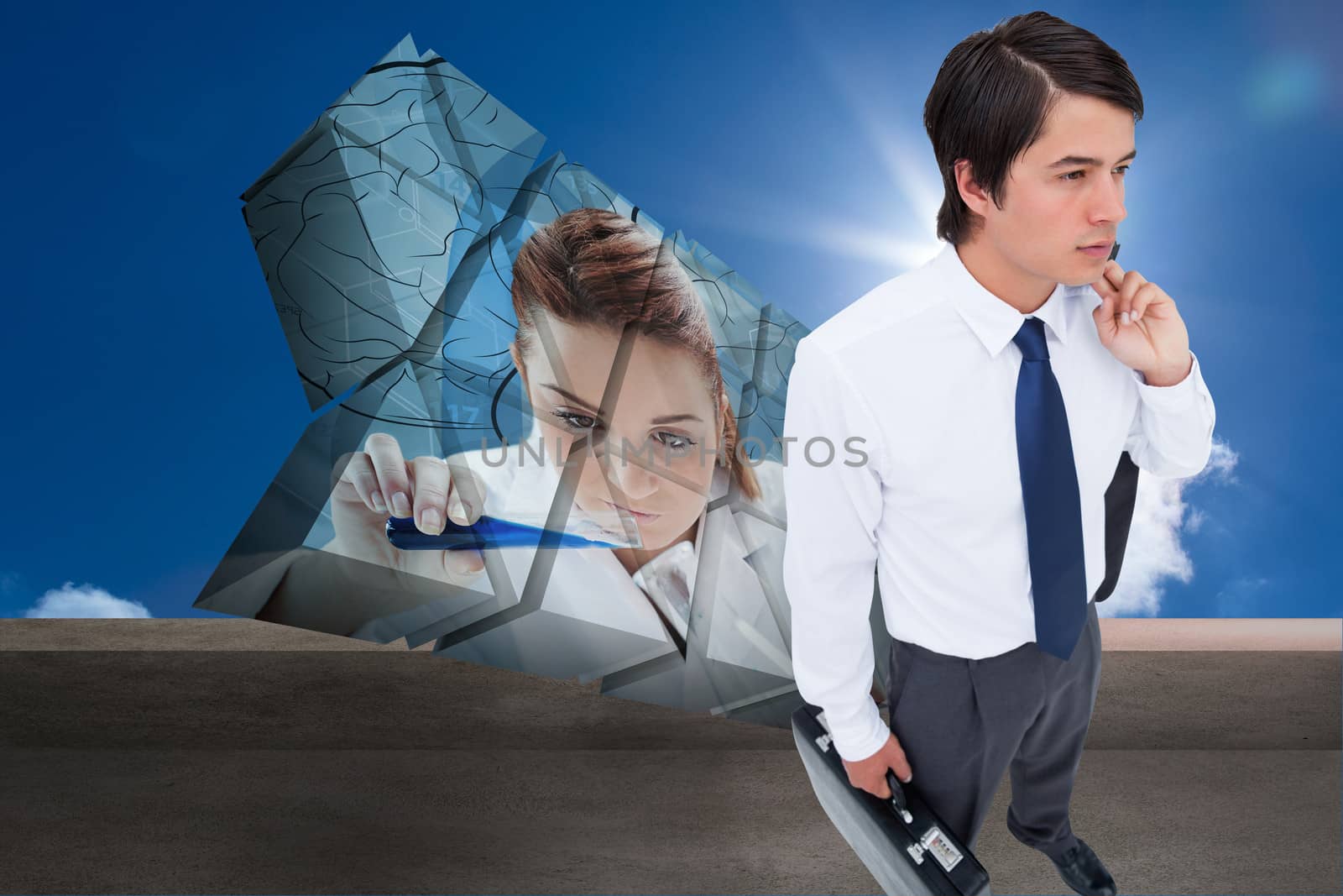 Composite image of young tradesman with his jacket and suitcase by Wavebreakmedia