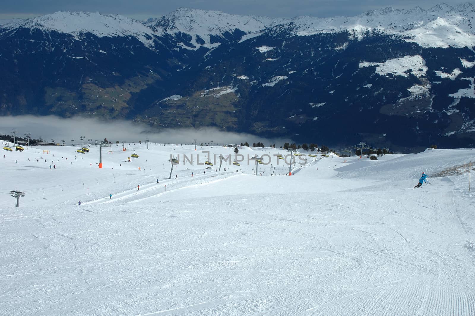 Slope and ski lifts in zillertal valley in Austria