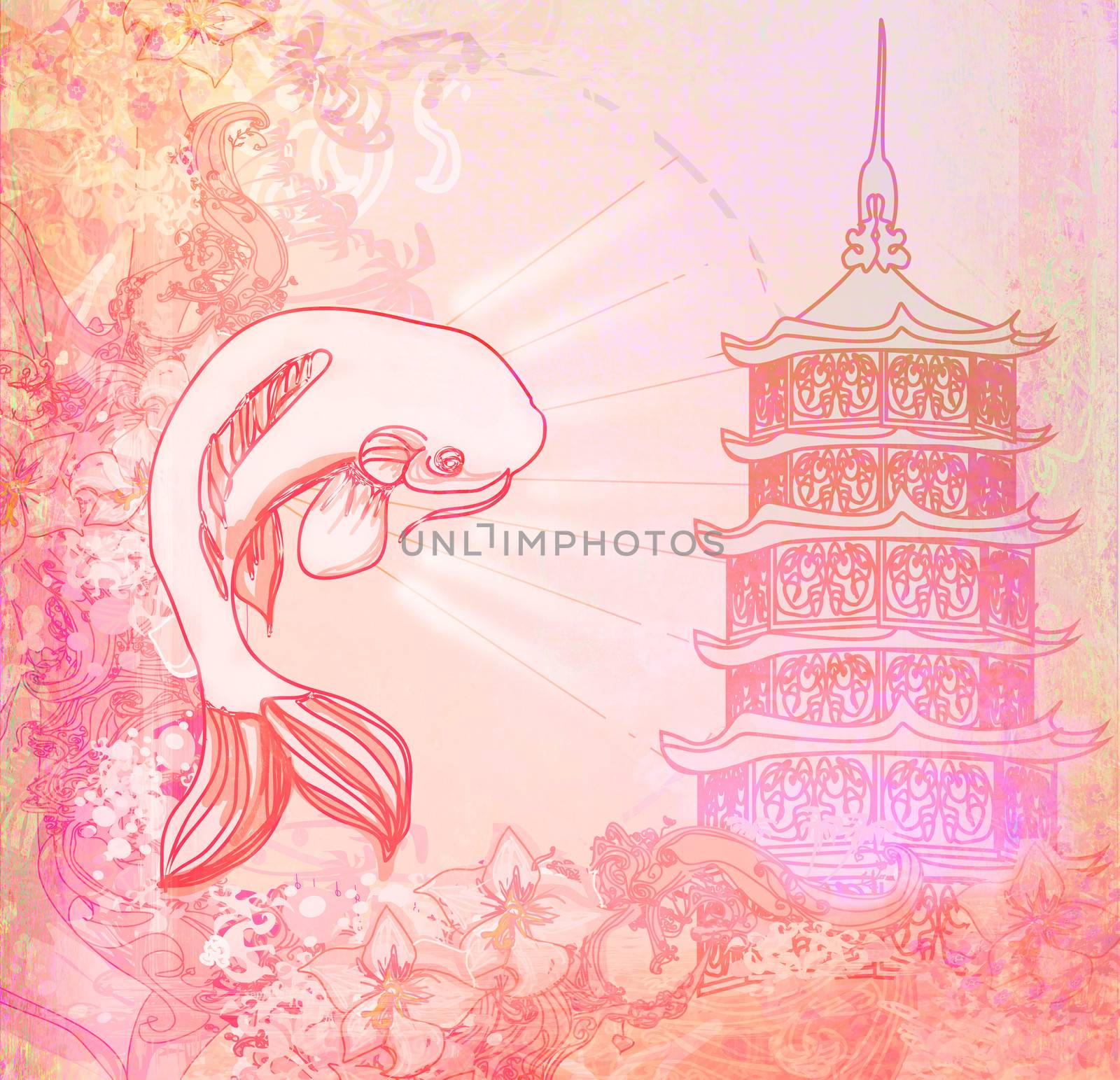 japanese koi and ancient building background