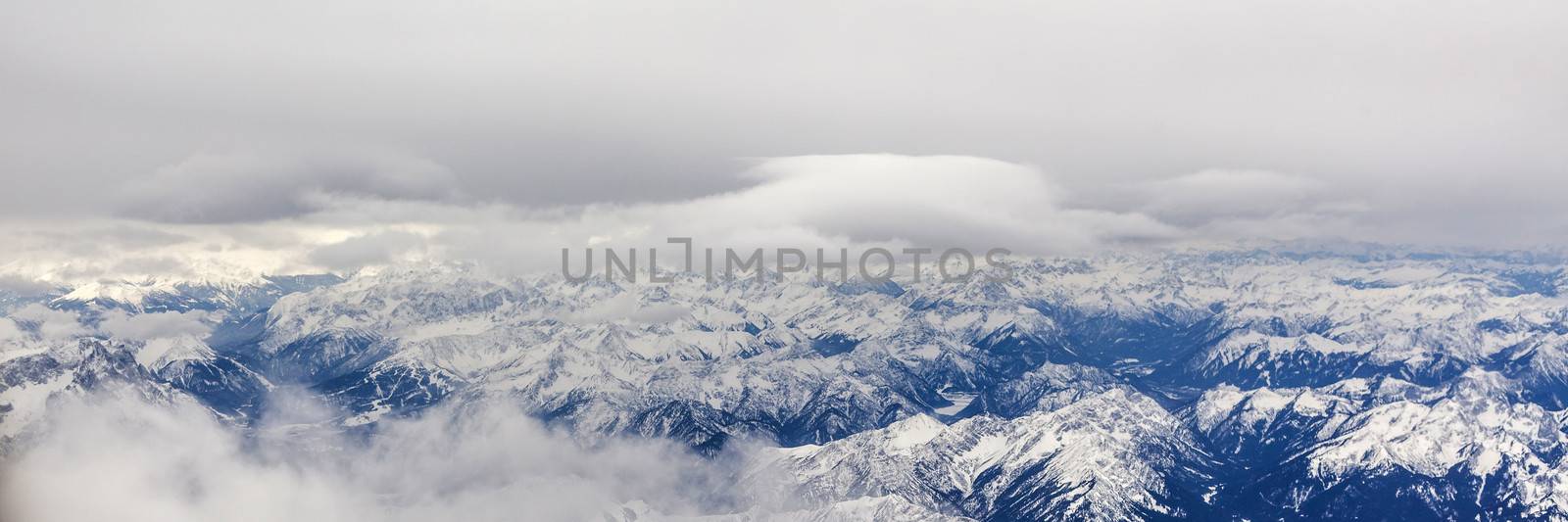 Aerial shot of the Alps taken from an altitude of 39,000ft.