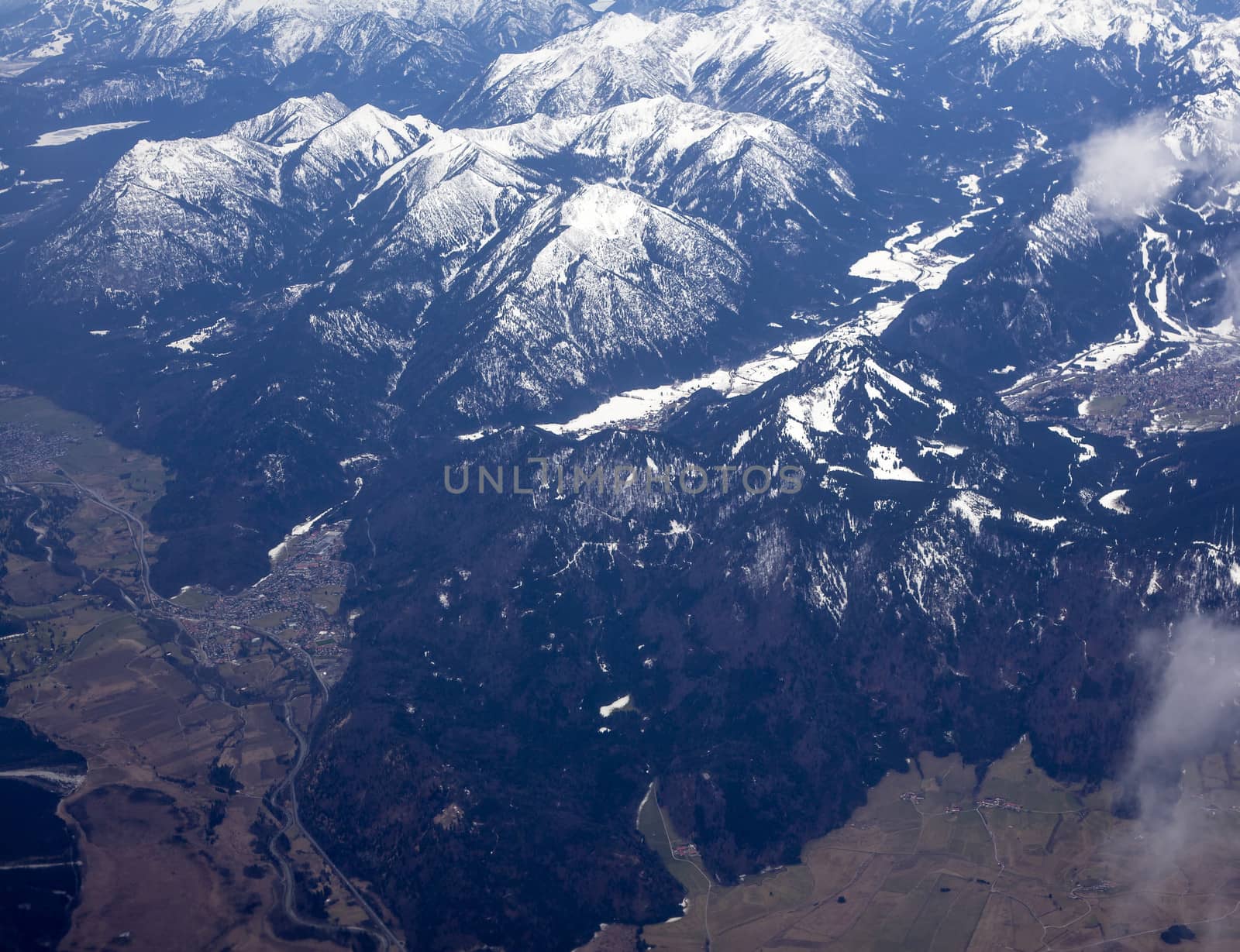 Aerial shot of the Alps taken from an altitude of 39,000ft.