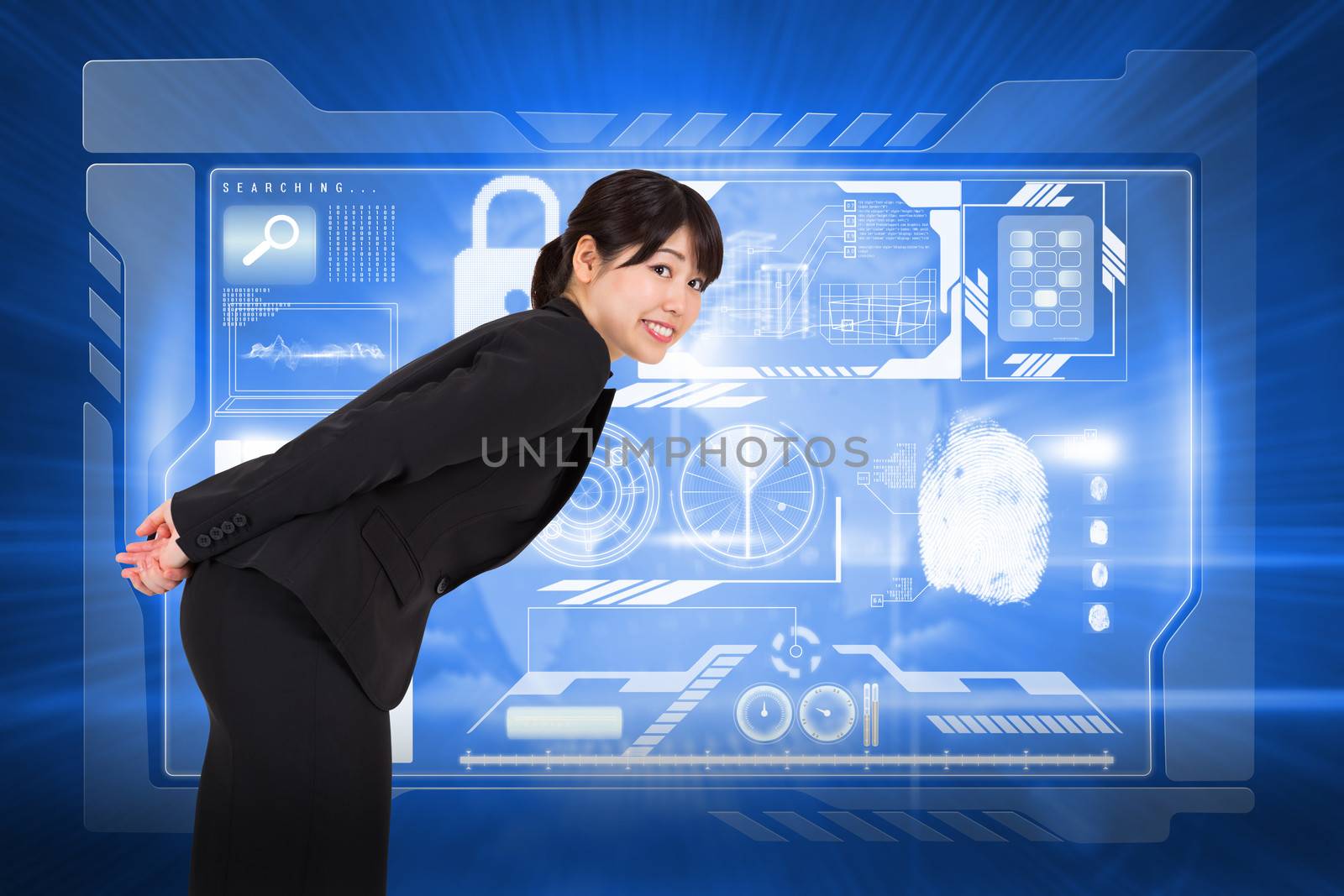 Smiling businesswoman bending against global technology background