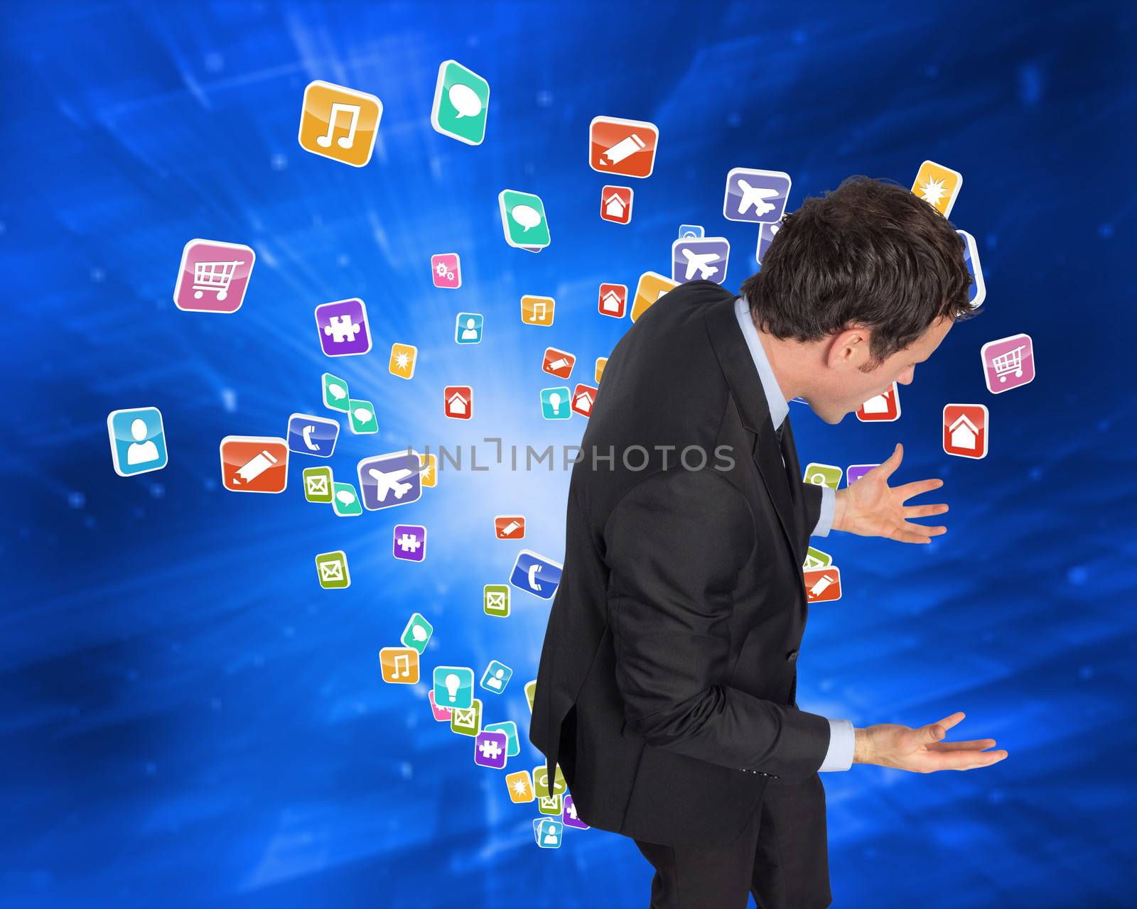 Stressed businessman gesturing against abstract blue squares