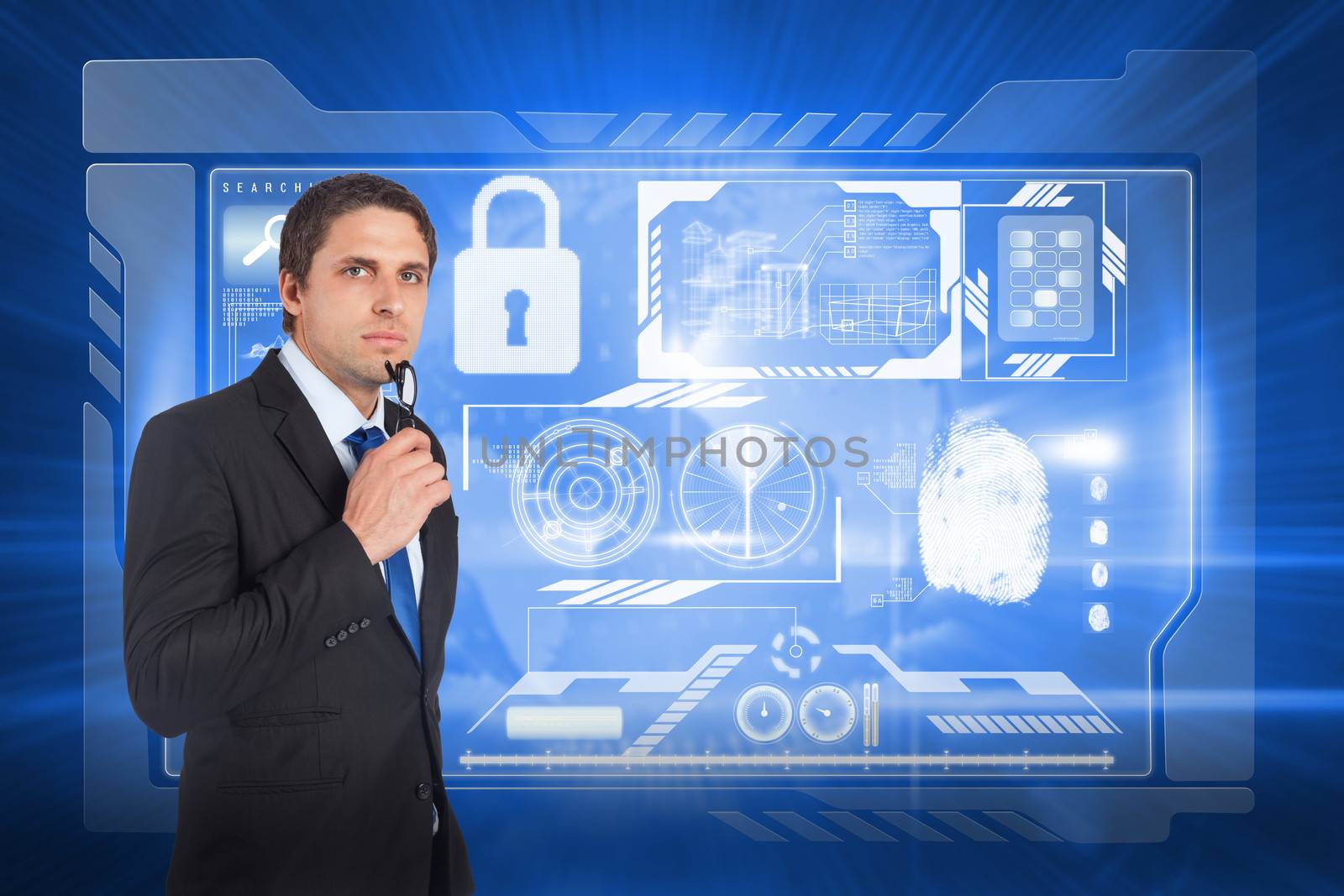 Composite image of thinking businessman holding glasses by Wavebreakmedia