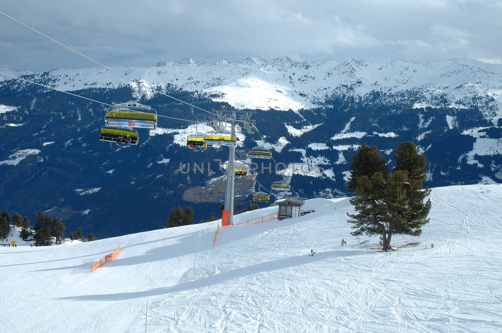 Tree nearby slope and ski lift in Austria nearby Kaltenbach in Zillertal valley