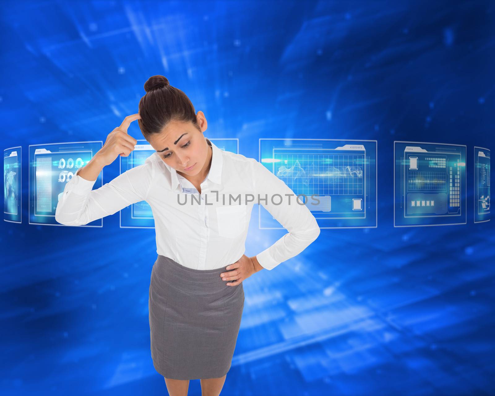 Worried businesswoman against abstract blue squares