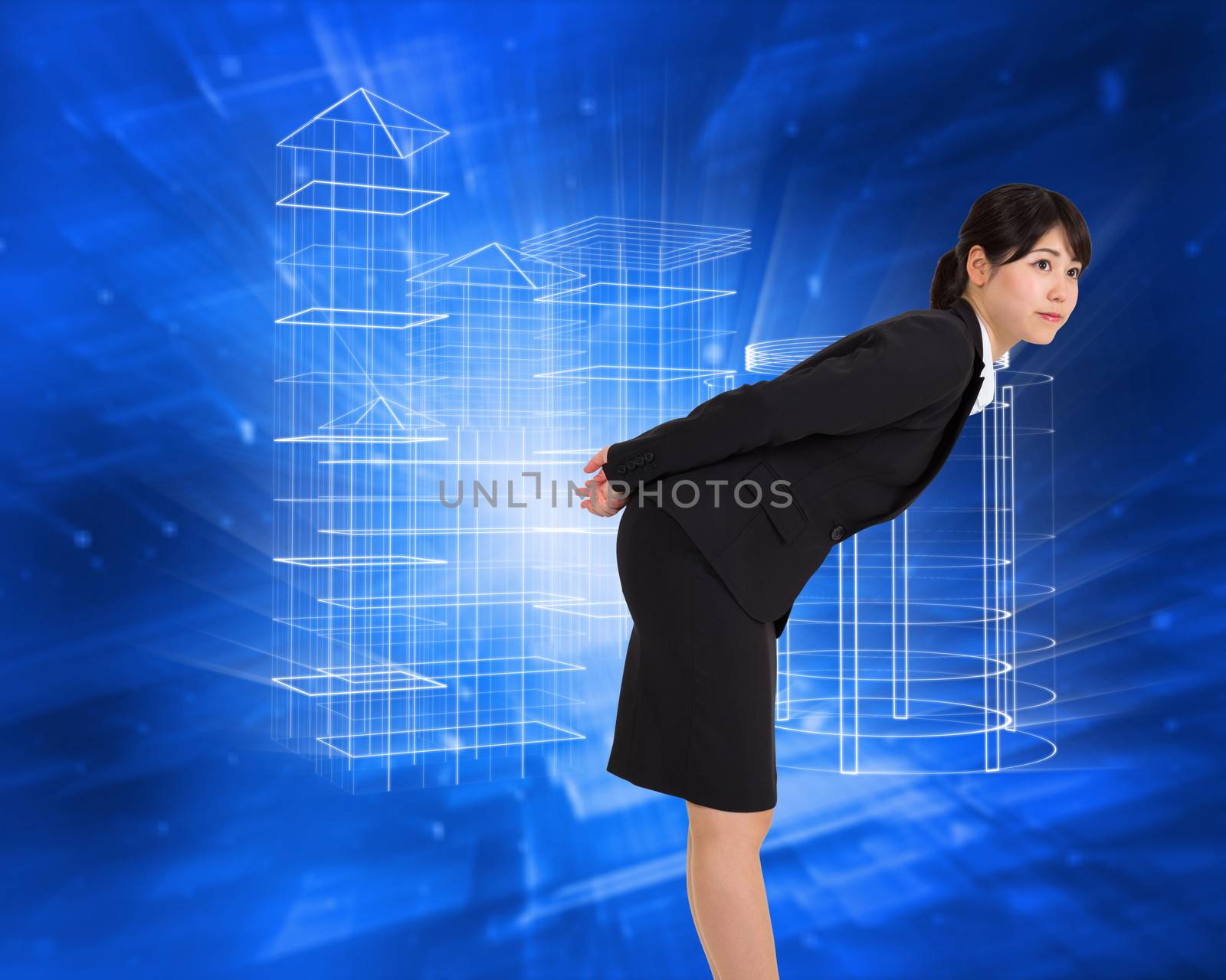 Serious businesswoman bending against abstract blue squares