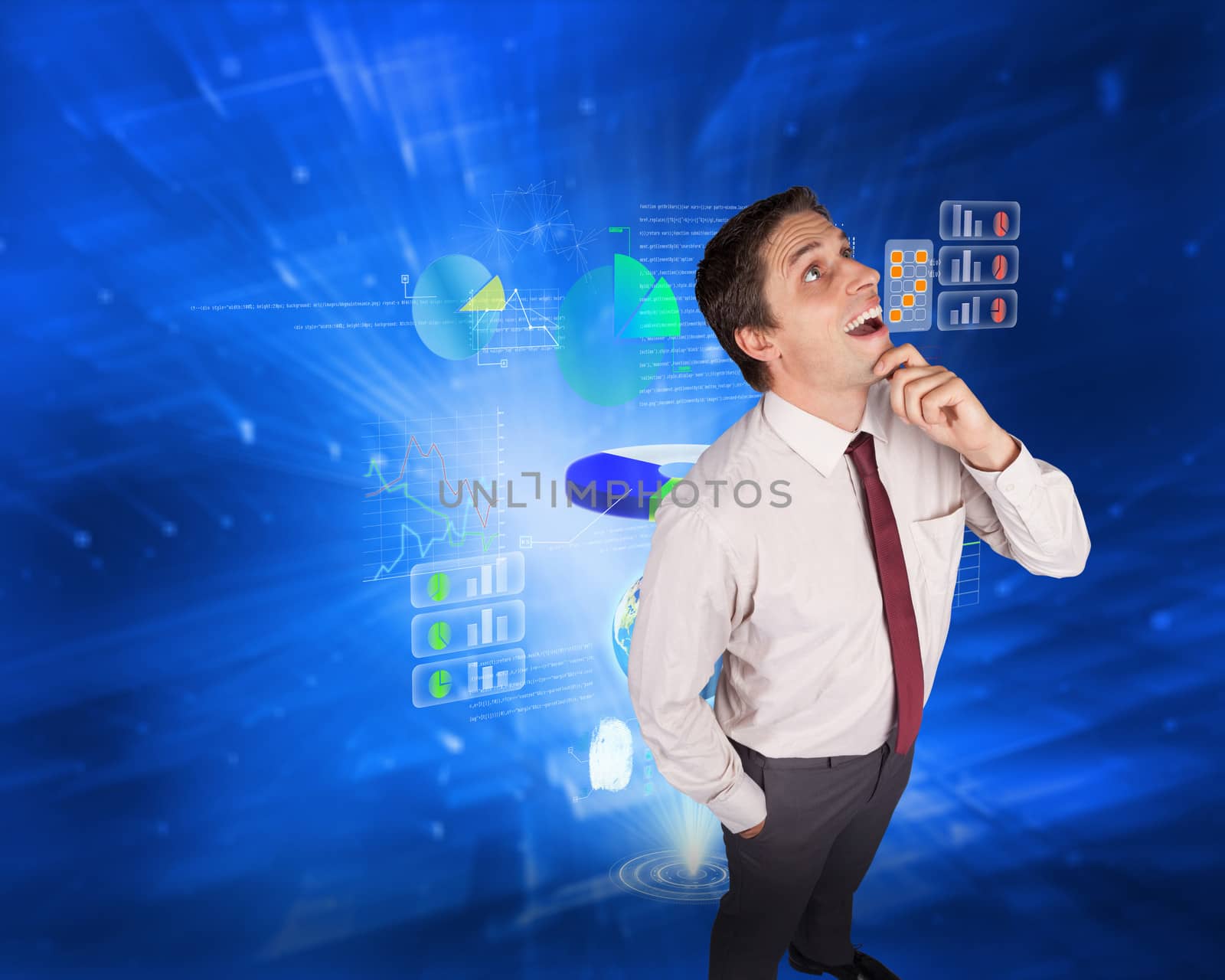 Thinking businessman touching his chin against abstract blue squares