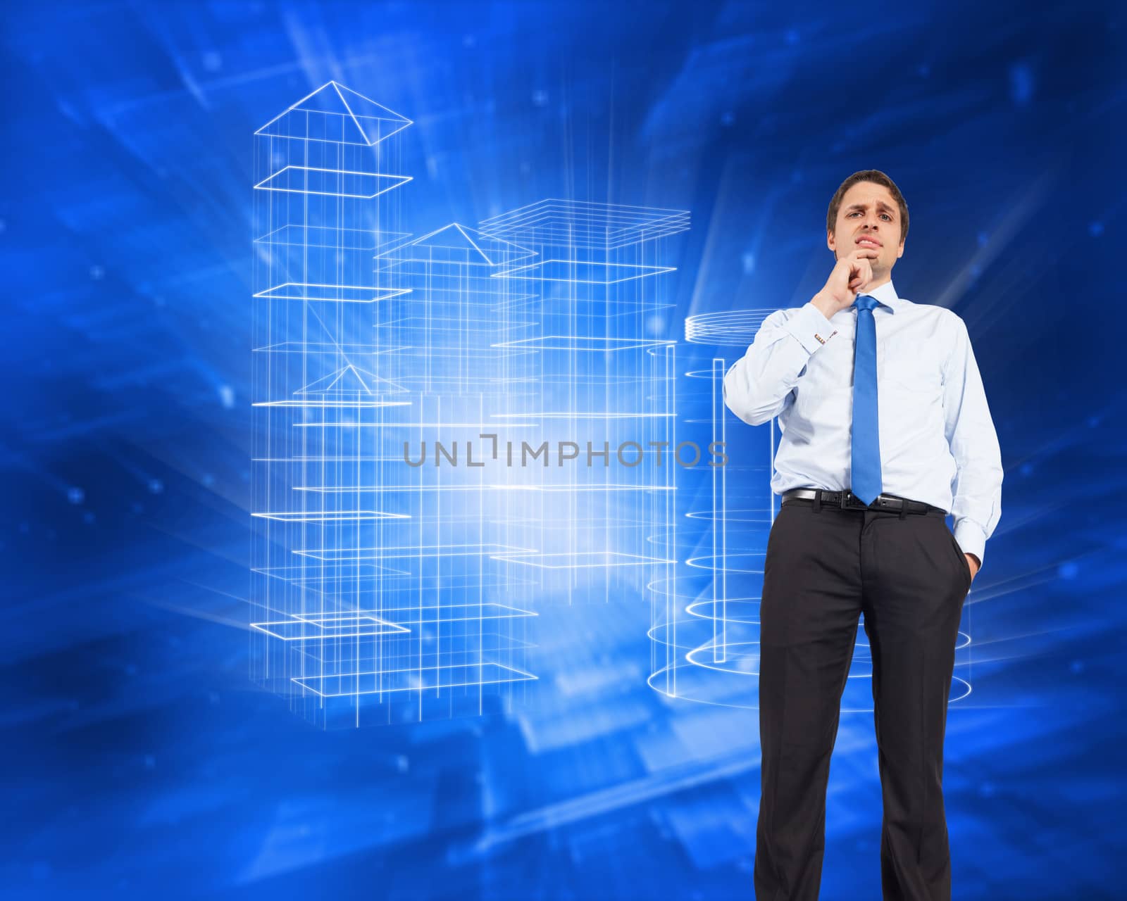 Thinking businessman touching chin against abstract blue squares