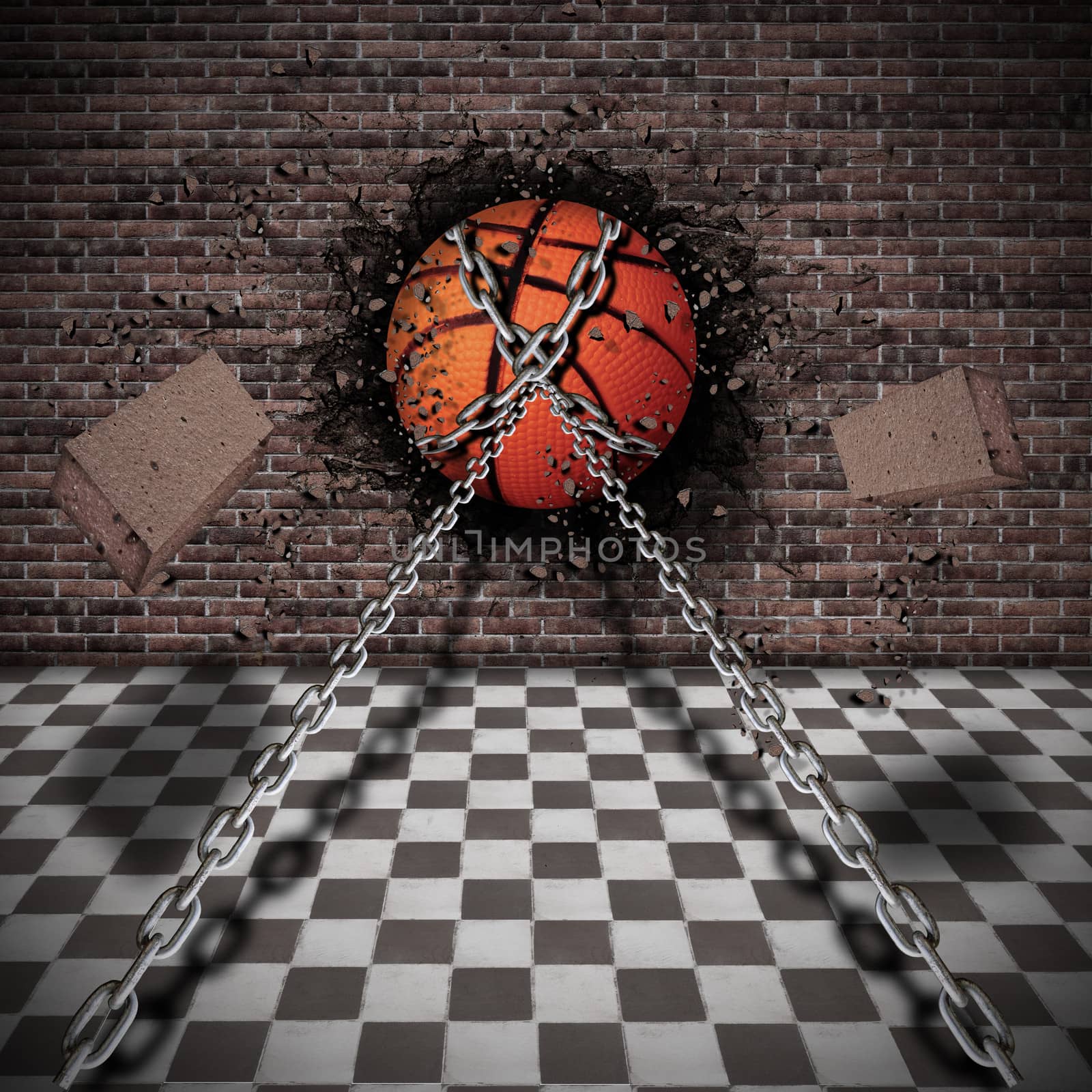 basketball embedded in a brick wall