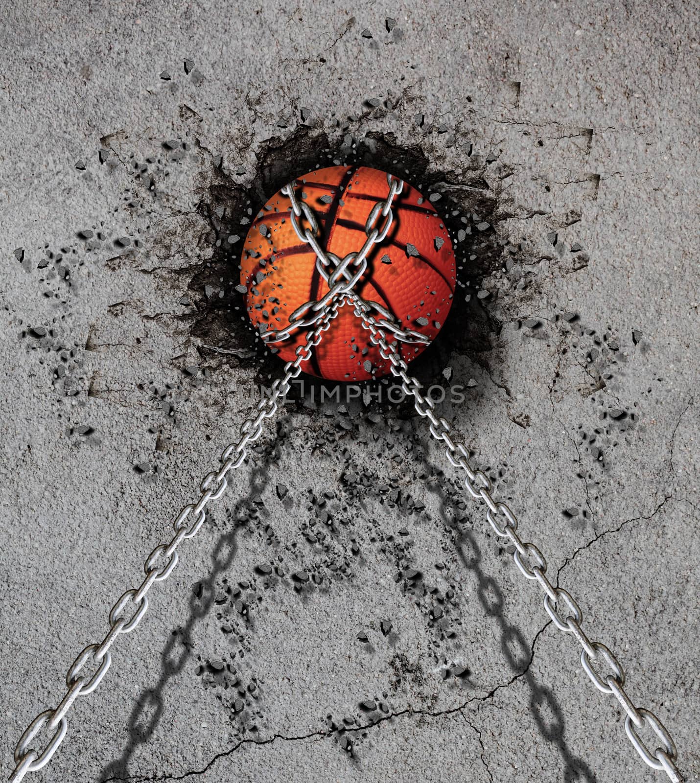 basketball embedded in a concrete wall