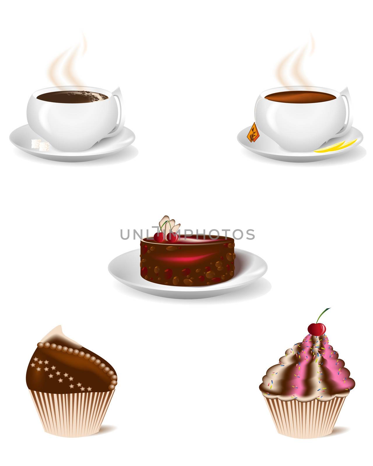 cup of coffee and a cup of tea with a delicious sweet cupcakes