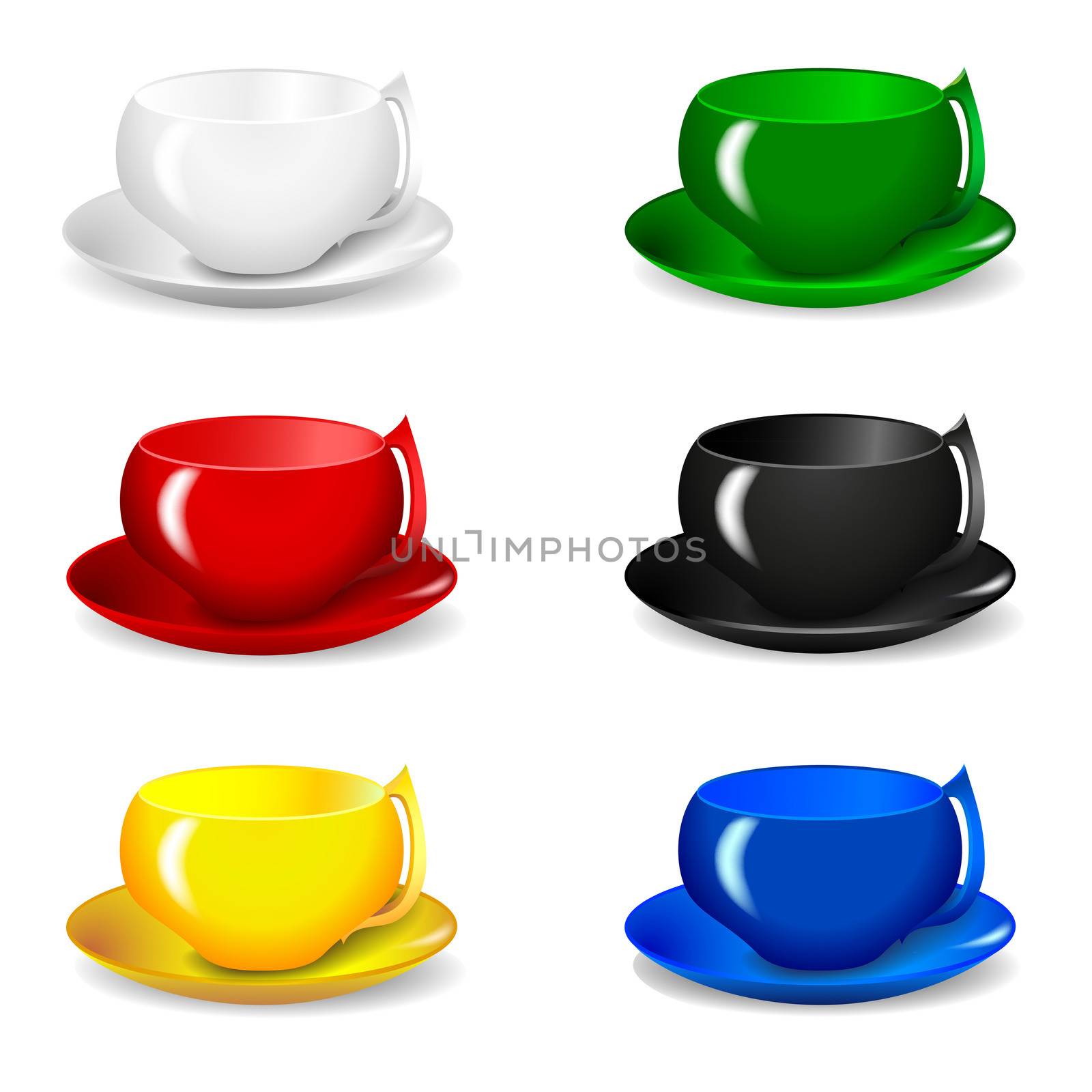 набор из шести красивых разноцветных чашек для чая и кофе изоляции</font></font>