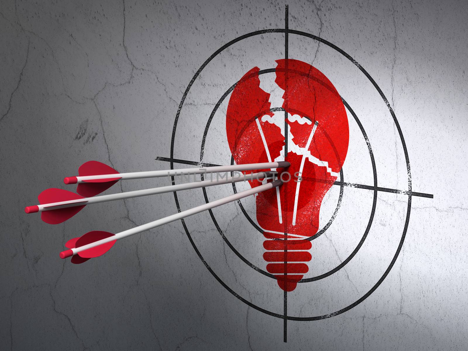 Success business concept: arrows hitting the center of Red Light Bulb target on wall background, 3d render