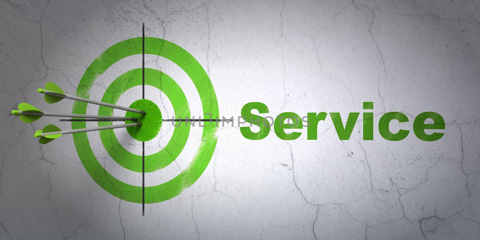 Success business concept: arrows hitting the center of target, Green Service on wall background, 3d render