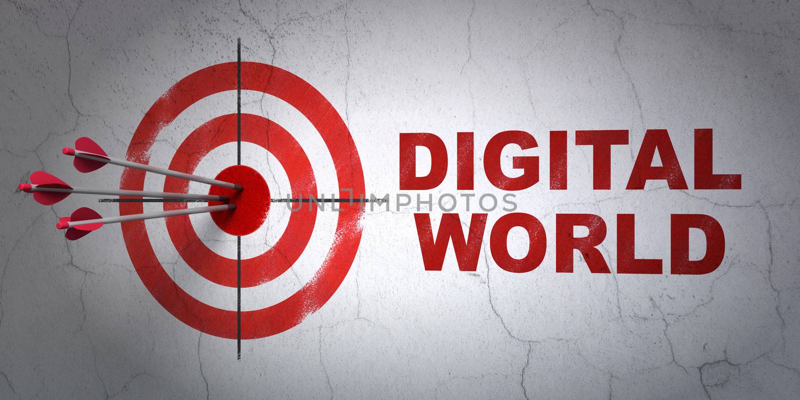 Success Data concept: arrows hitting the center of target, Red Digital World on wall background, 3d render