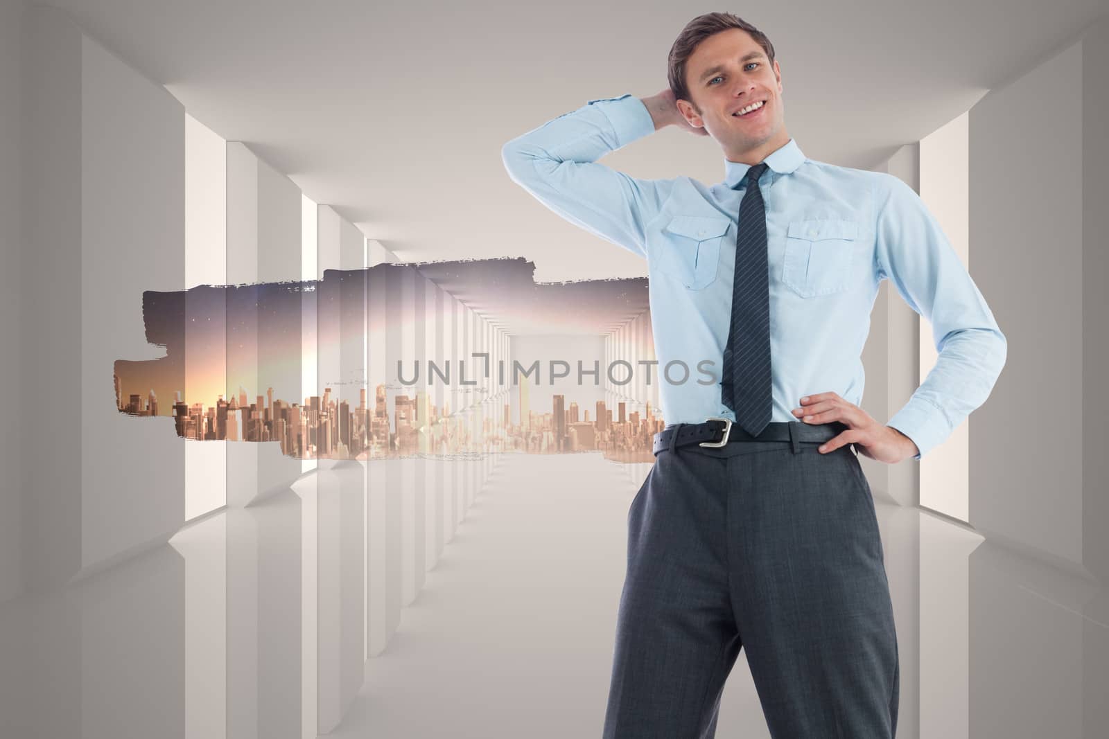 Thinking businessman with hand on head against abstract screen in room showing cityscape