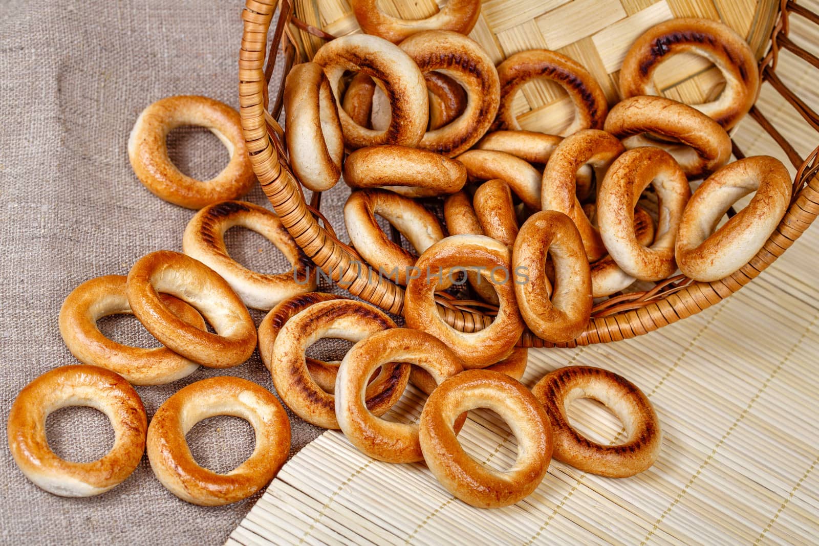 Russian traditional bagels in a wicker basket close-up shot