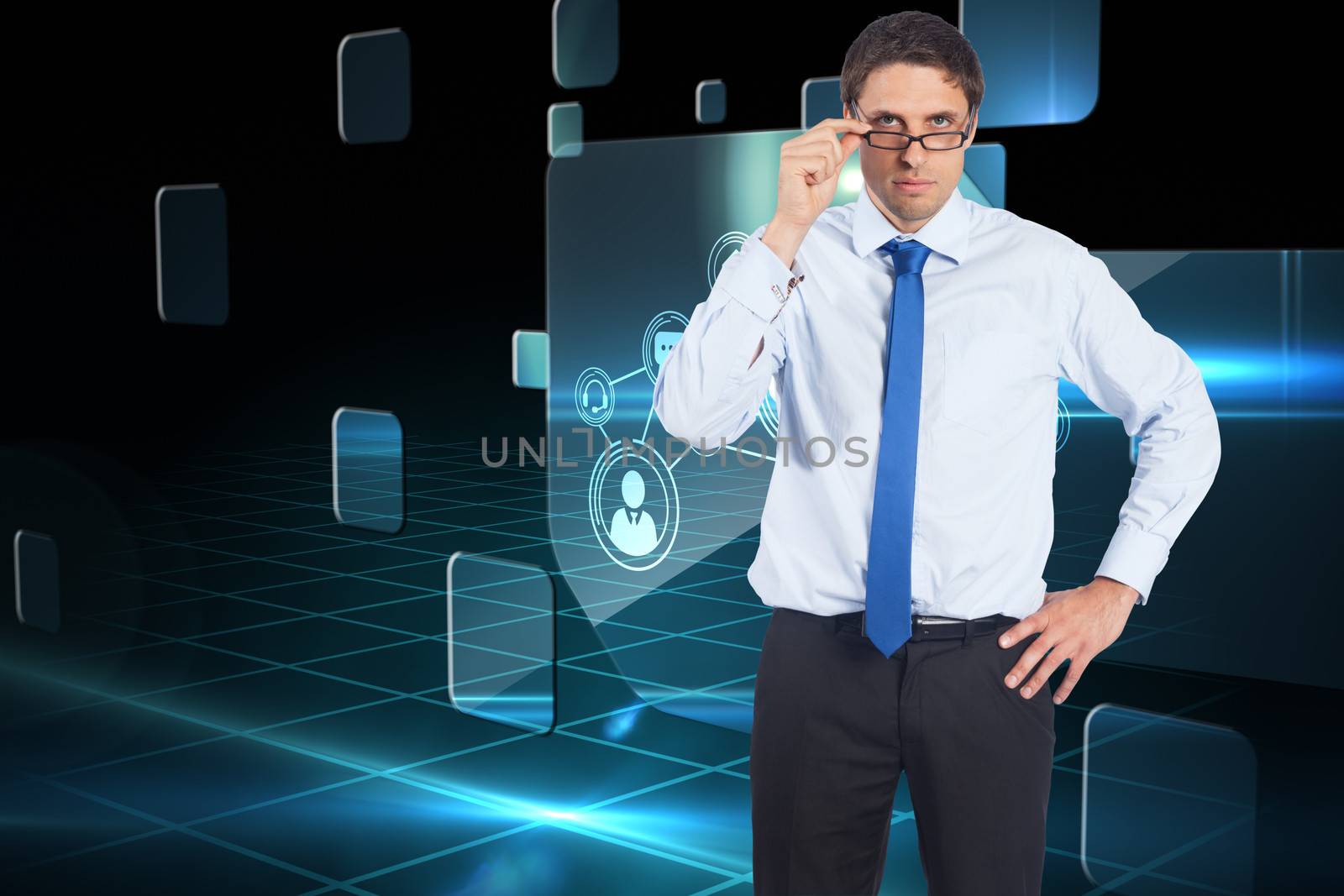 Thinking businessman tilting glasses against futuristic technology interface
