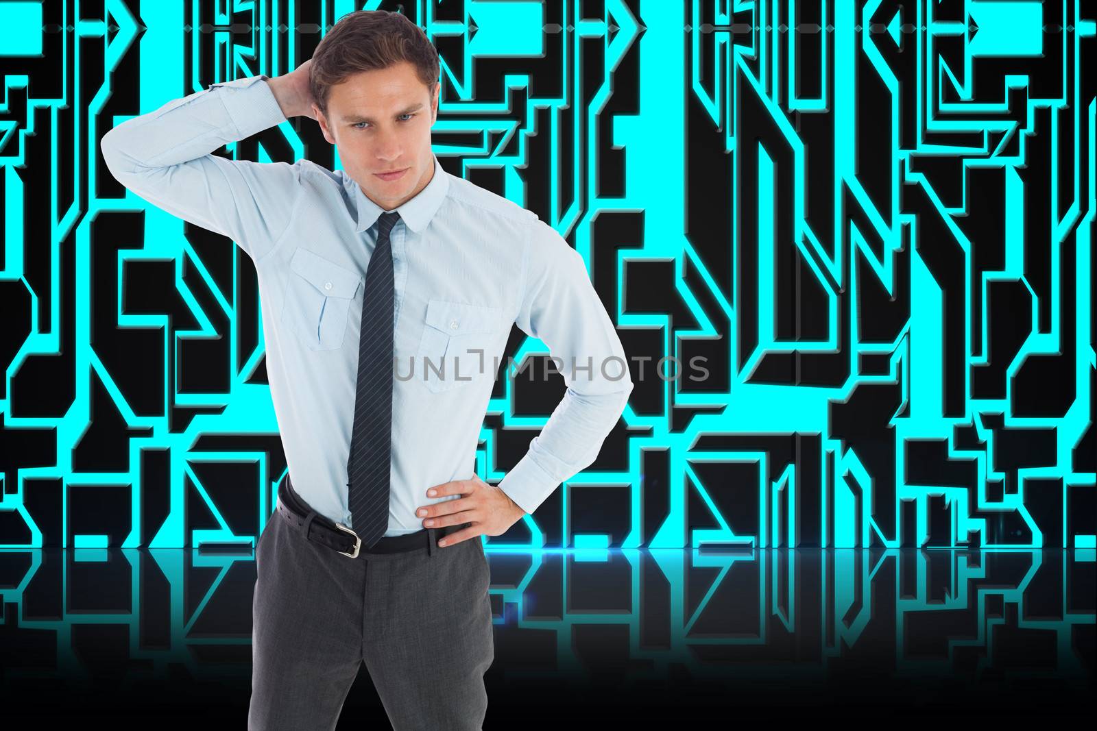 Thinking businessman scratching head against abstract technology background