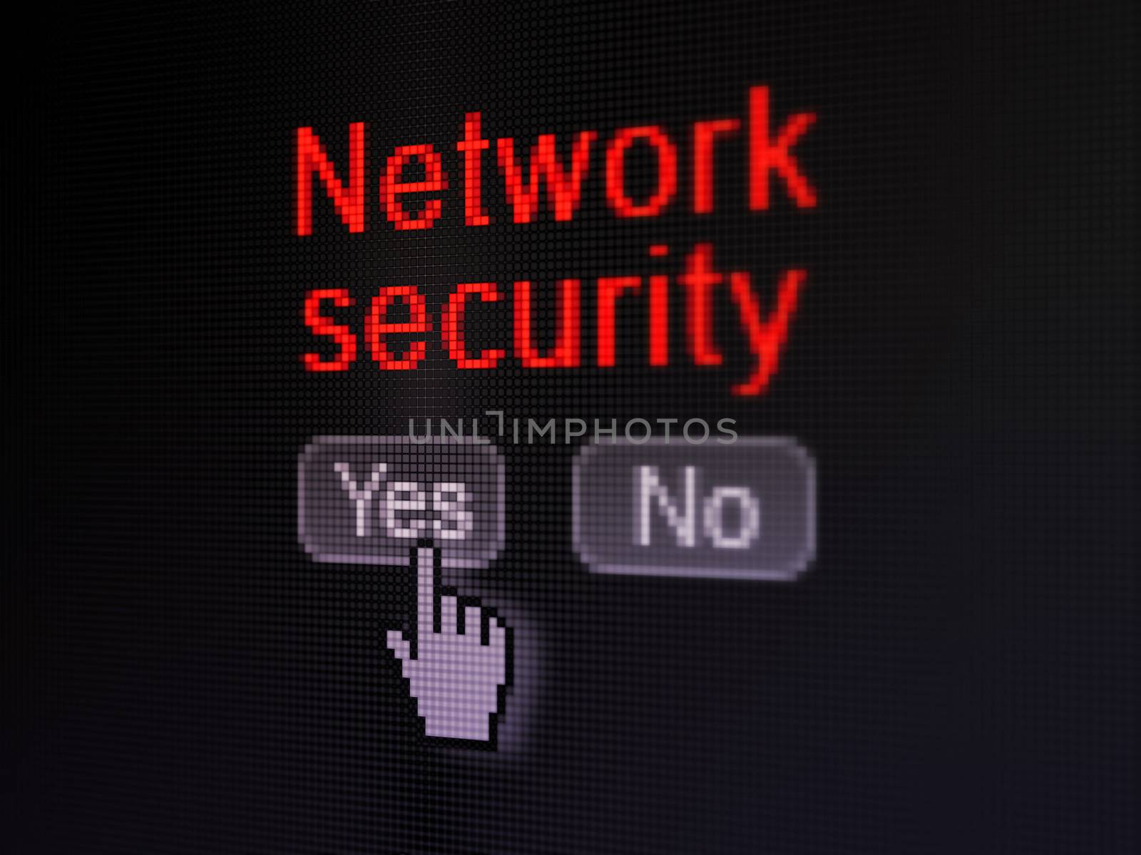 Protection concept: buttons yes and no with pixelated word Network Security and Hand cursor on digital computer screen, selected focus 3d render