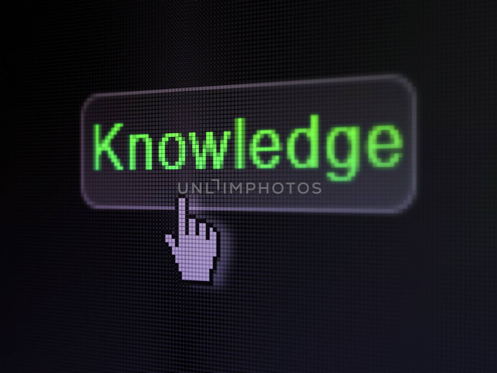 Education concept: pixelated words Knowledge on button with Hand cursor on digital computer screen background, selected focus 3d render