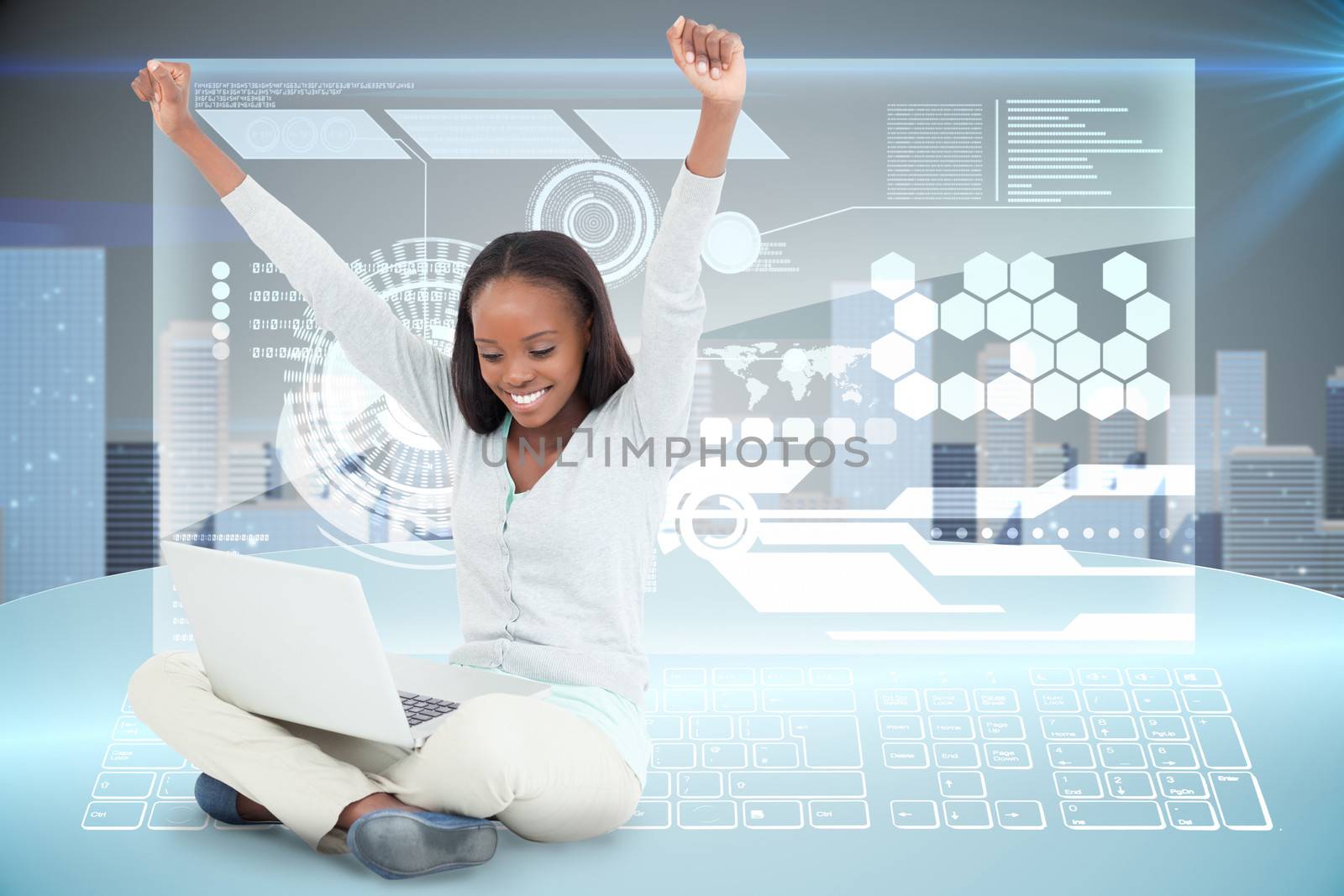 Young woman stretching while on the floor with her laptop against futuristic technology interface