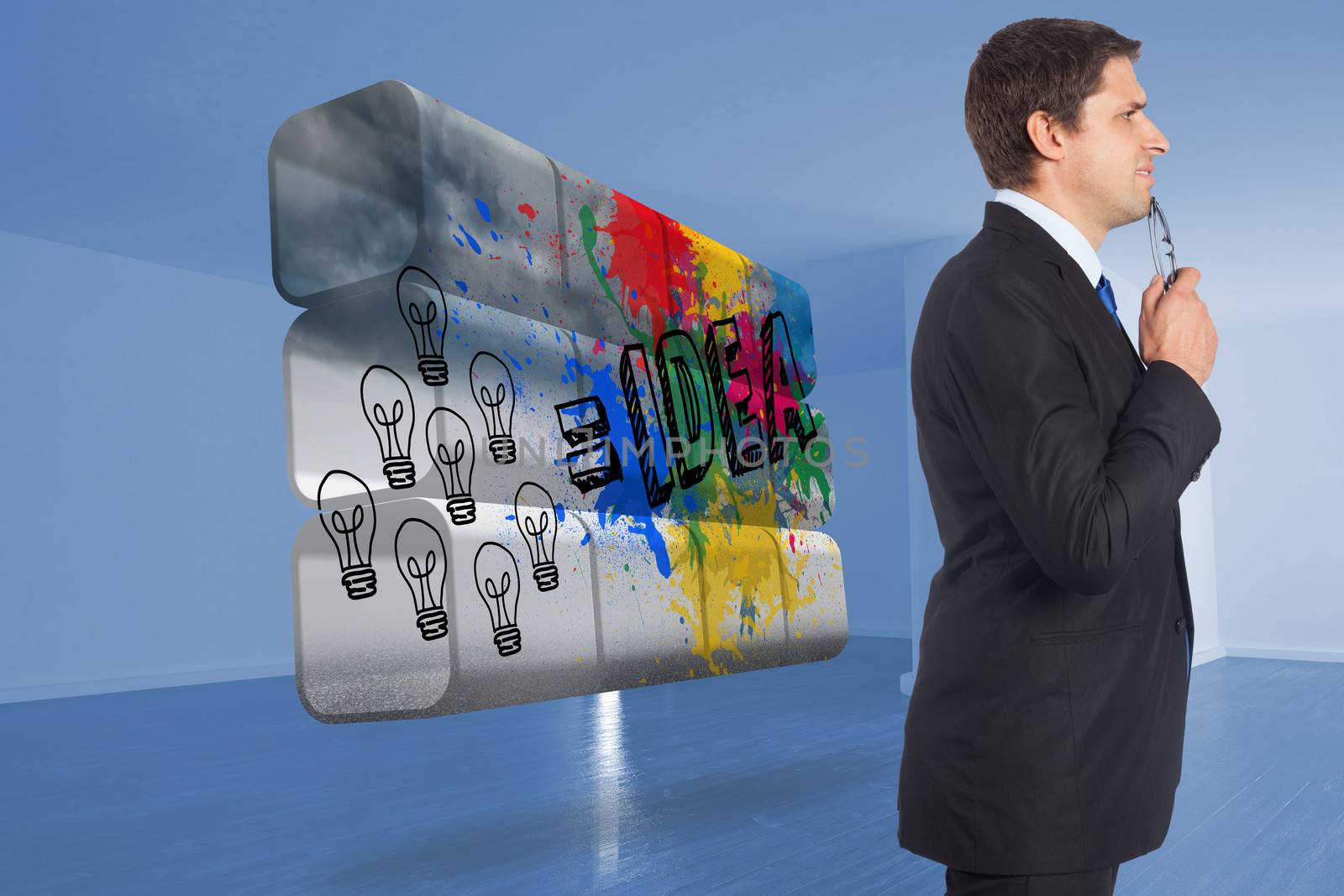 Thinking businessman holding glasses against idea graphic on abstract screen in room