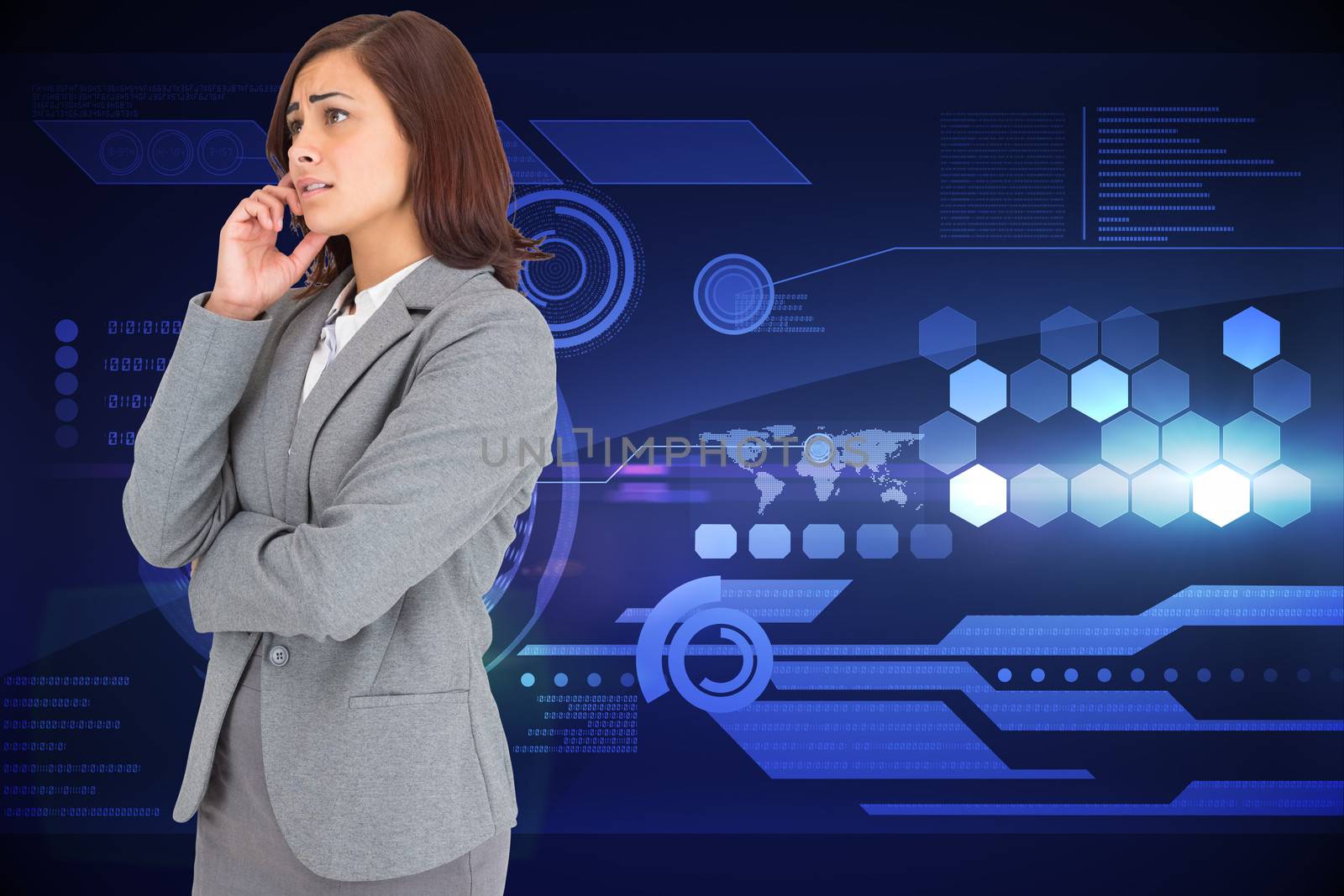 Worried businesswoman against futuristic technology interface