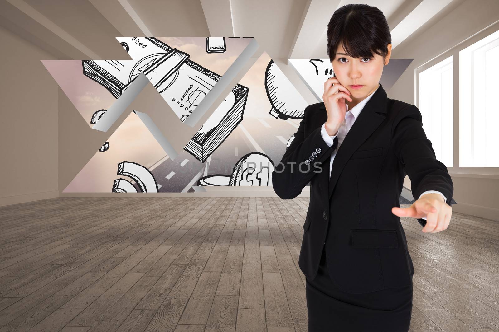 Thoughtful businesswoman pointing against profit graphic on abstract screen in room