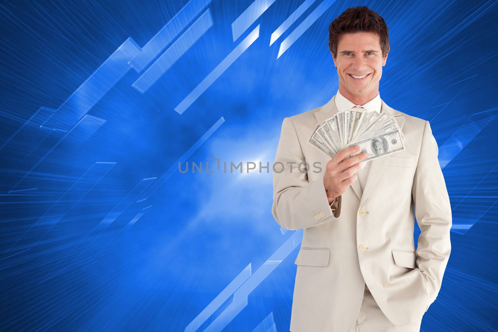 Positive businessman looking at the camera against abstract technology background