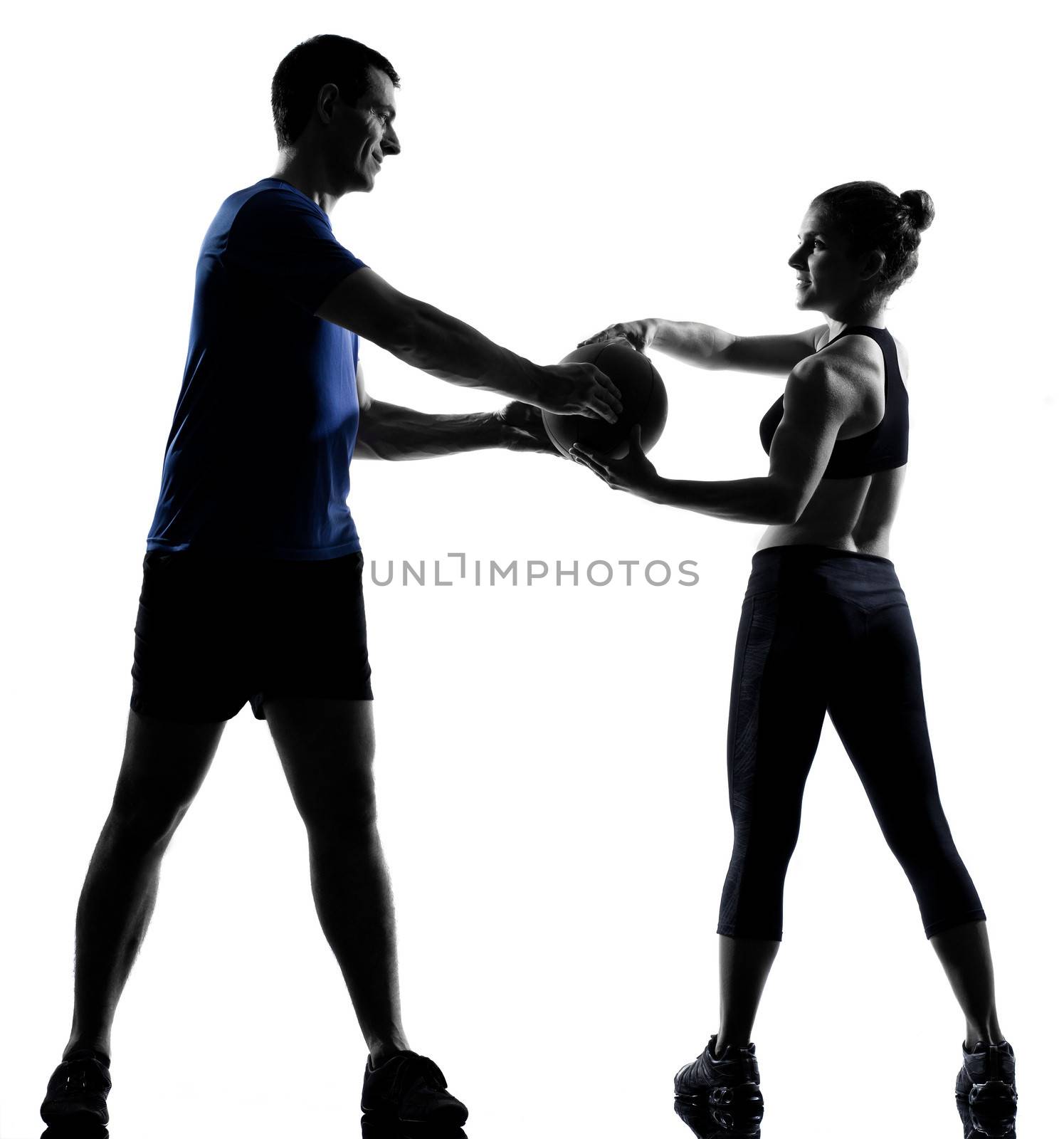 couple woman man exercising workout fitness aerobics posture in silhouette studio isolated on white background