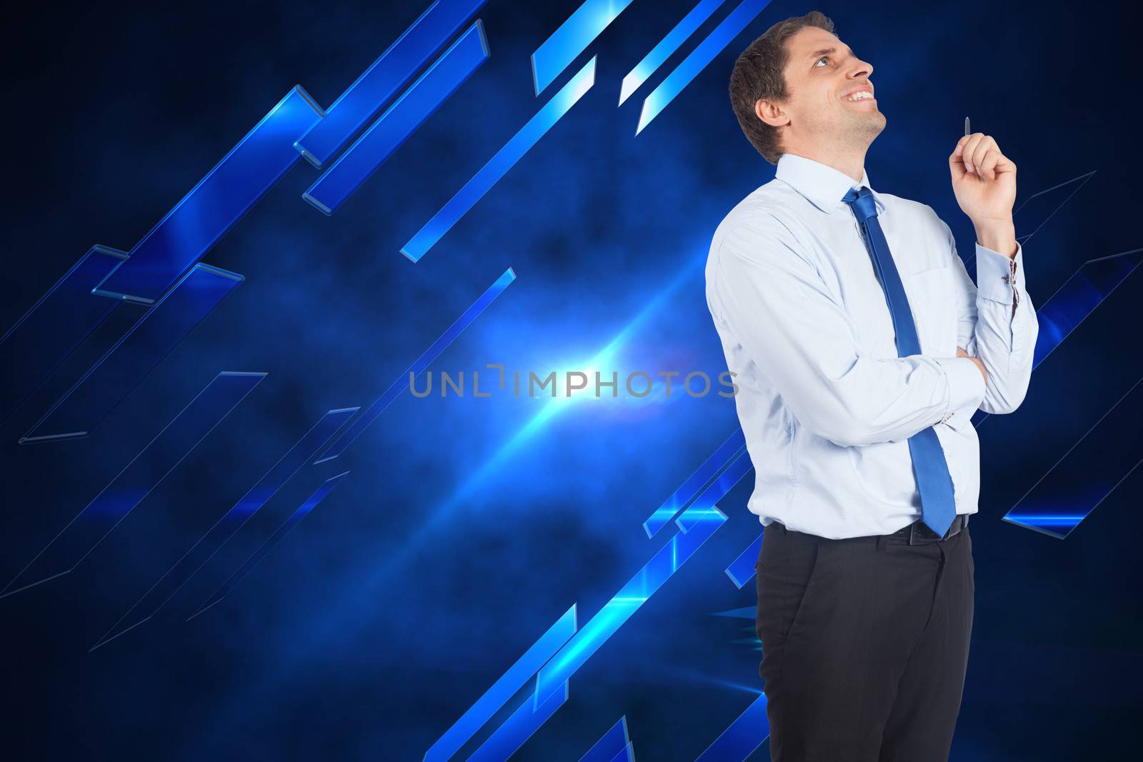 Thinking businessman holding pen against abstract technology background