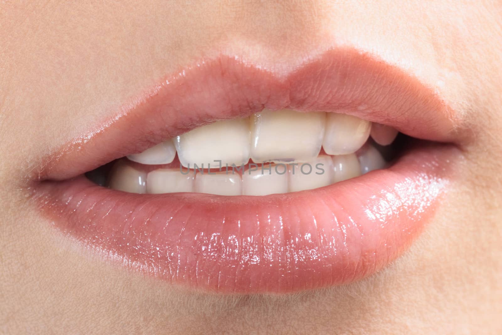 close up of beautiful mouth lips teeth smile smiling caucasian woman