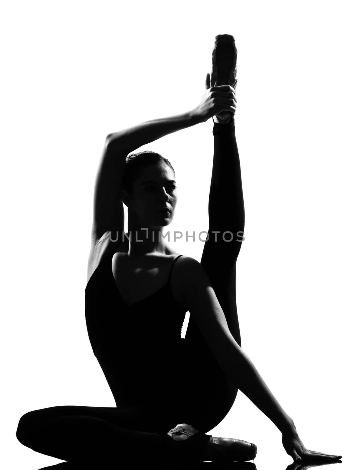 beautiful caucasian tall woman ballet dancer full length on studio isolated white background