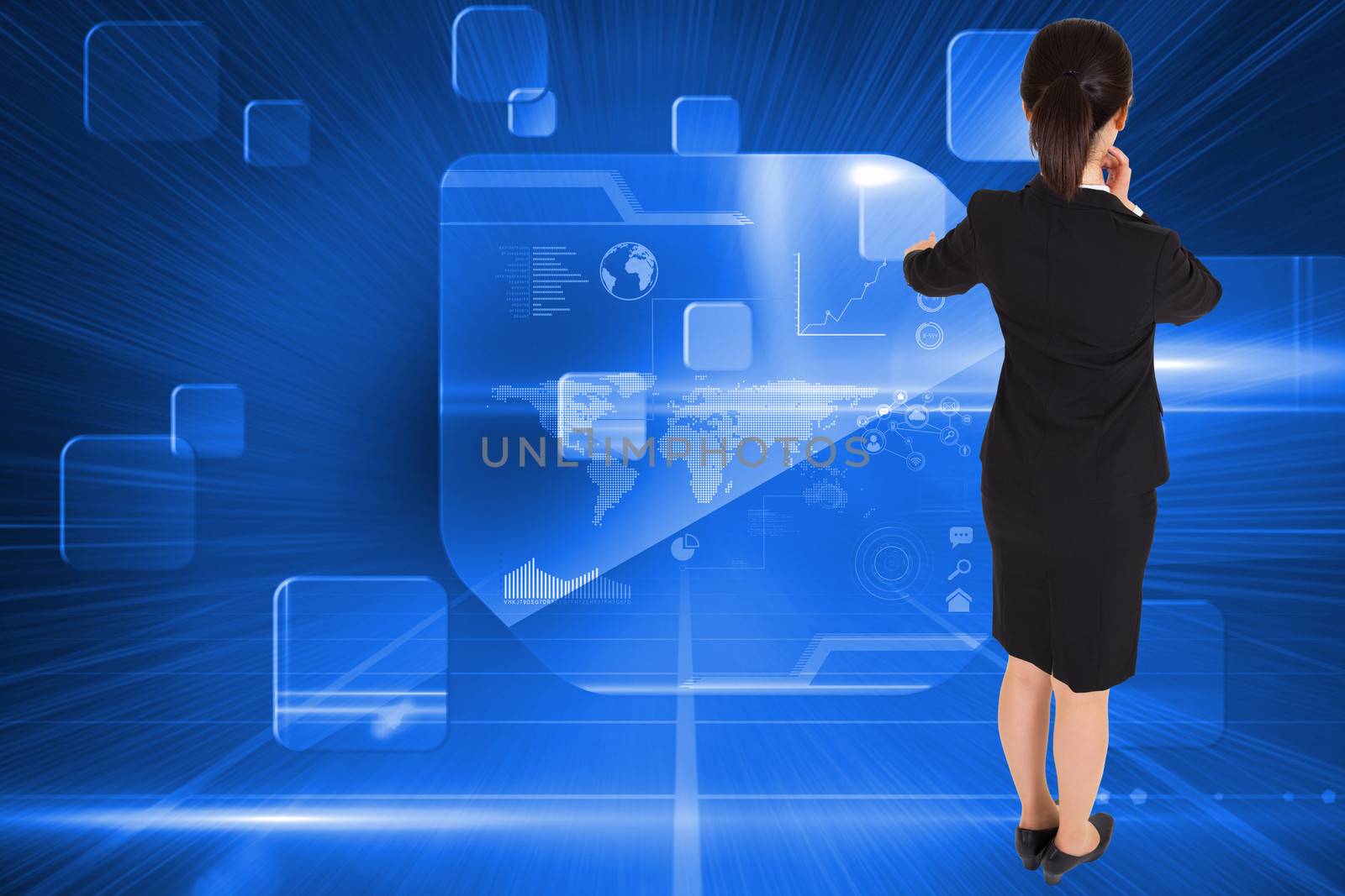 Composite image of thoughtful businesswoman pointing by Wavebreakmedia