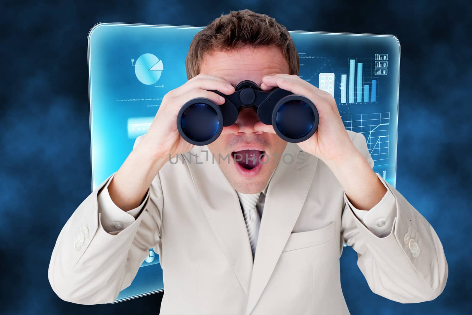 Positive businessman using binoculars against futuristic technology interface