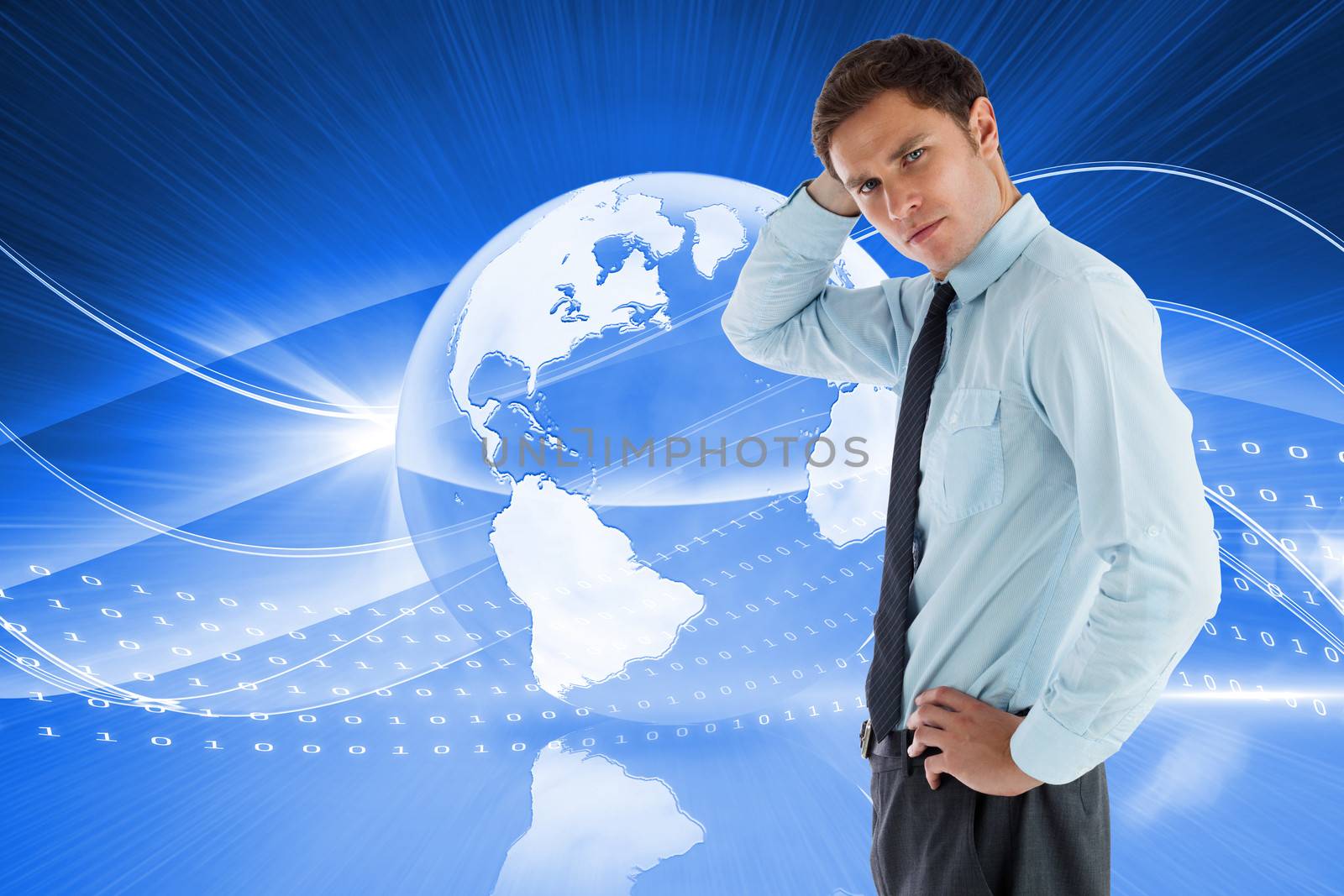 Thinking businessman with hand on head against global technology background