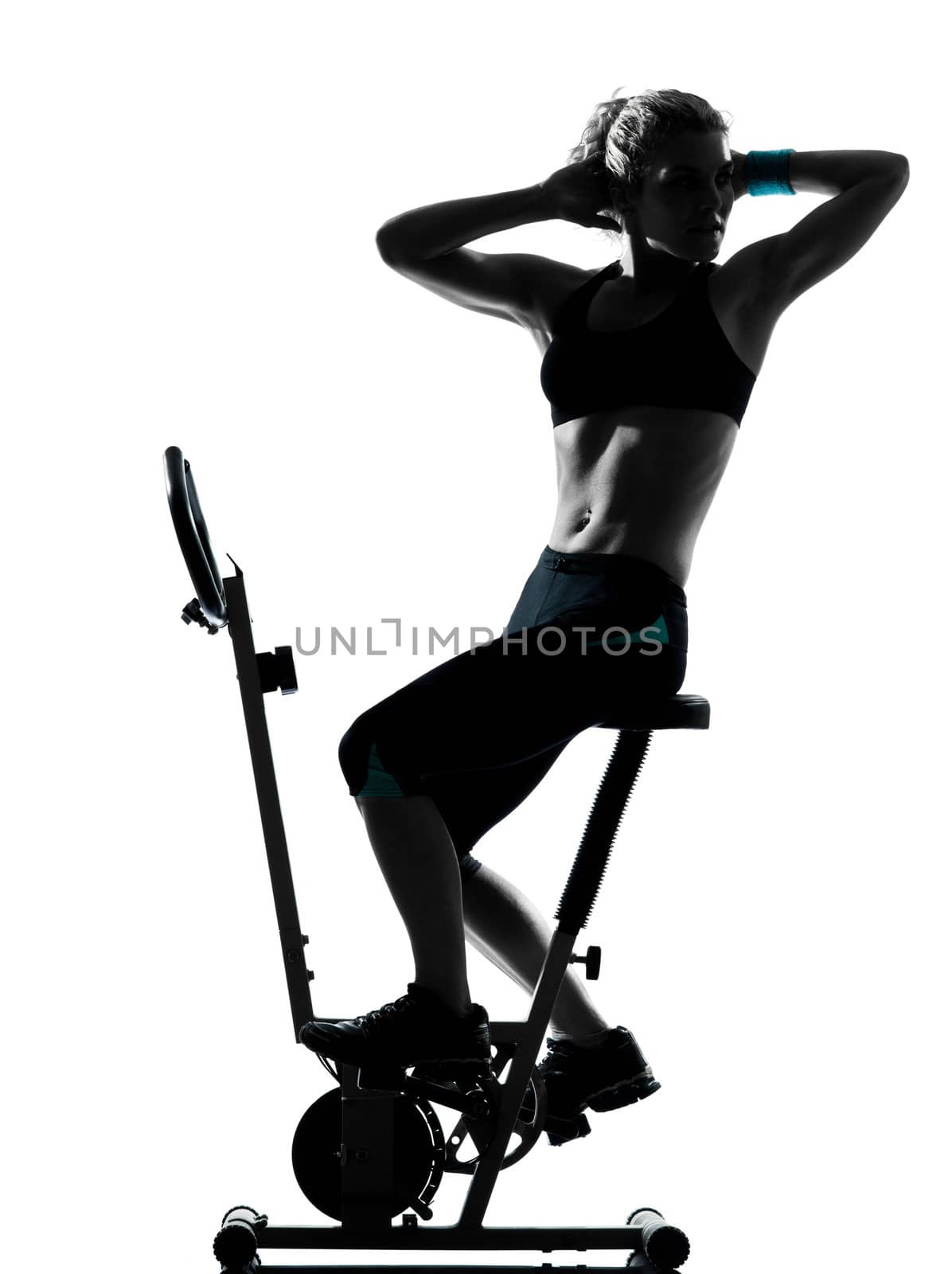 one woman biking exercising workout fitness aerobic exercise posture on studio isolated white background