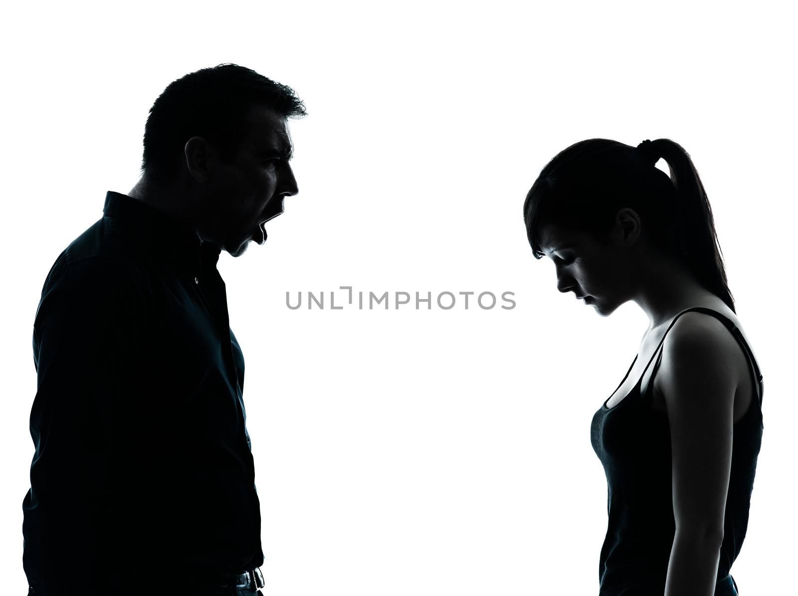 one man and teenager girl dispute conflict in silhouette indoors isolated on white background