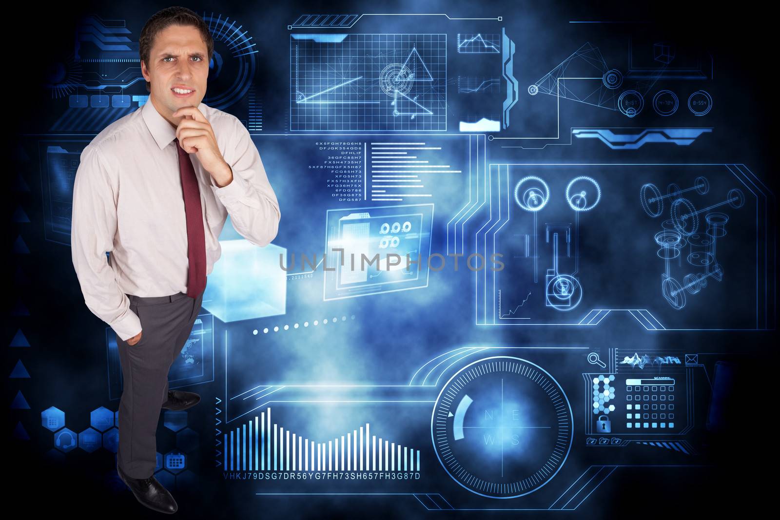 Thinking businessman touching his chin against technology interface