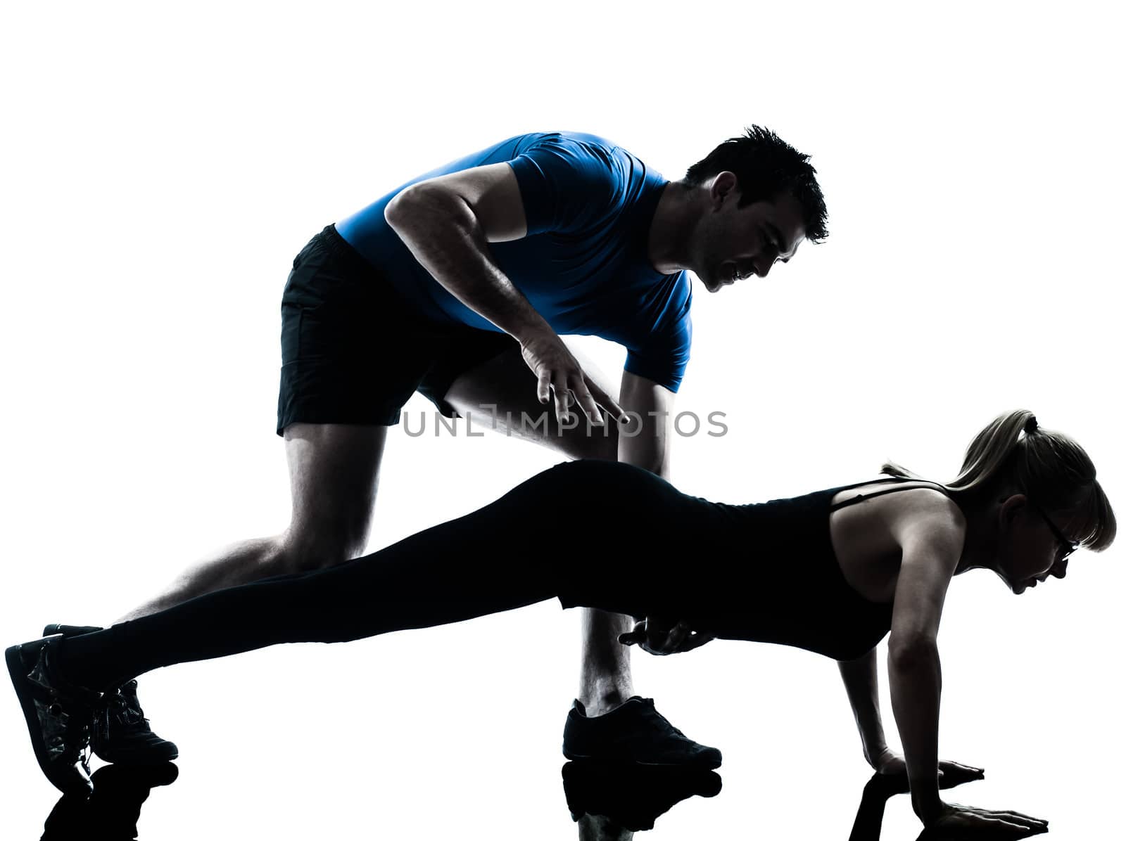 caucasian aerobics instructor with mature woman exercising fitness workout in silhouette studio isolated on white background