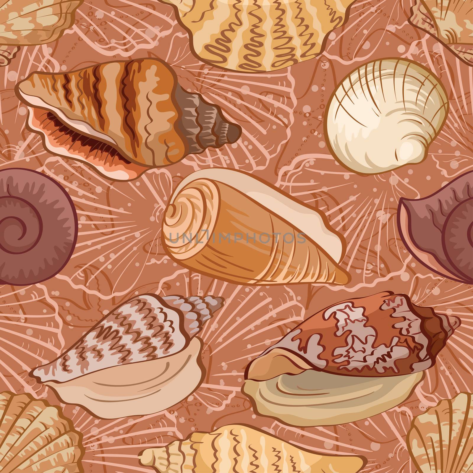 Seamless background, pattern with marine seashells and contour.