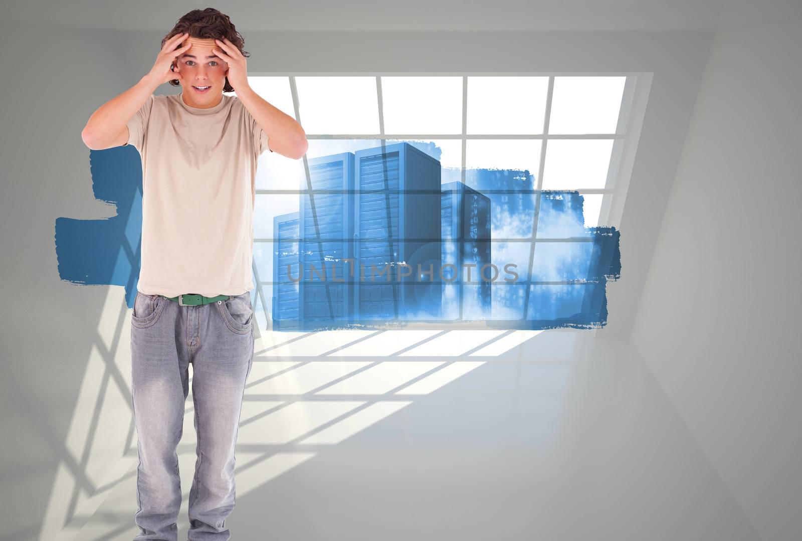 Embarressed brunette man against abstract screen in room showing server towers