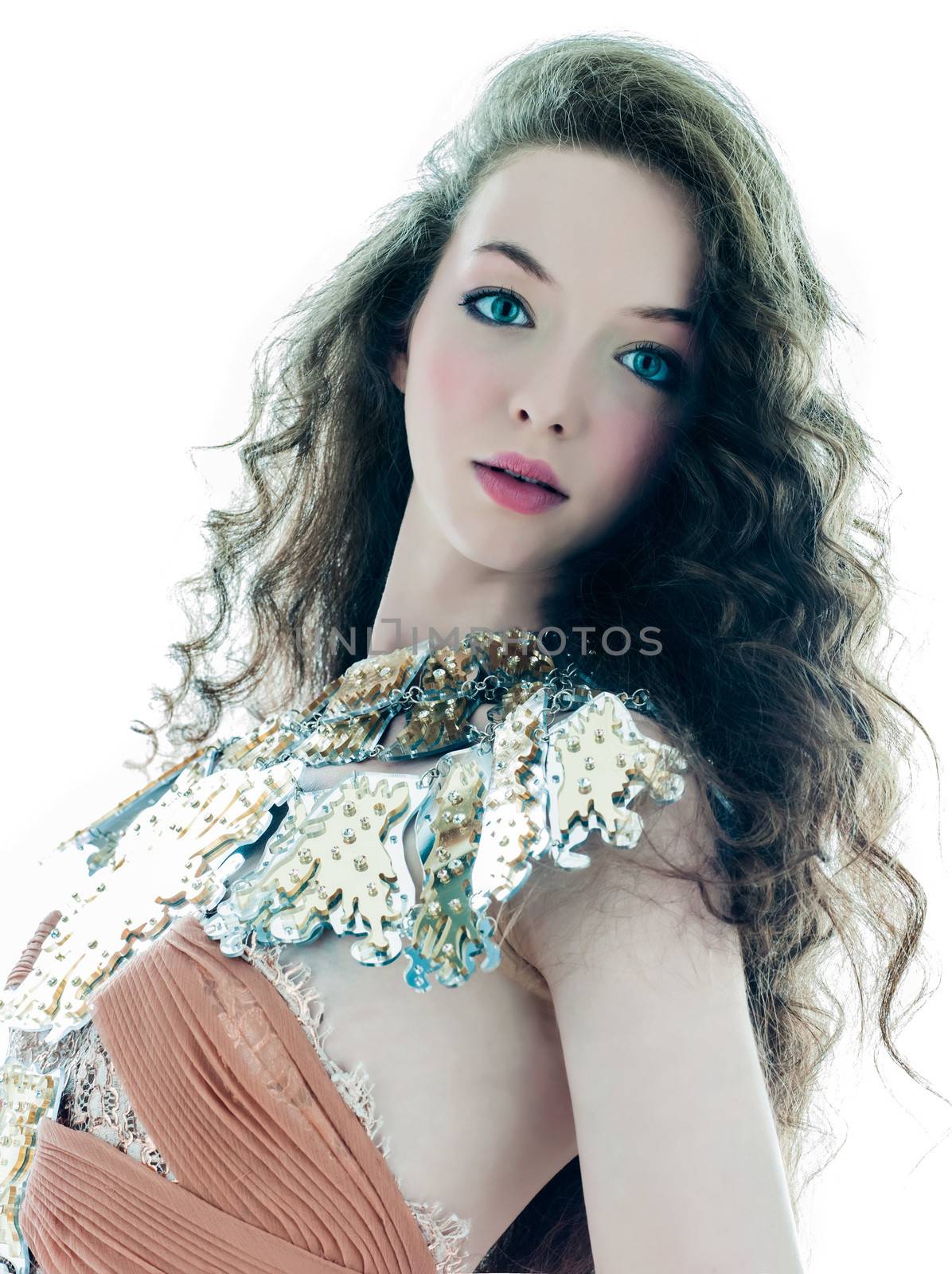 one young beautiful woman fashion model in on aura tout vu brown silk fantasy haute couture summer dress in studio white background